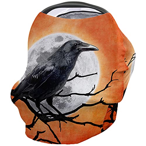 Halloween Stretchy Baby Car Seat Cover & Nursing Cover - Soft Breastfeeding Blanket for Boys & Girls (26x27.6 Inches) - Stroller Cover & Car Seat Canopy with Scary Raven on Moonlit Branches Design - Perfect for Halloween Outings, Nursing in Public & Stroller Protection