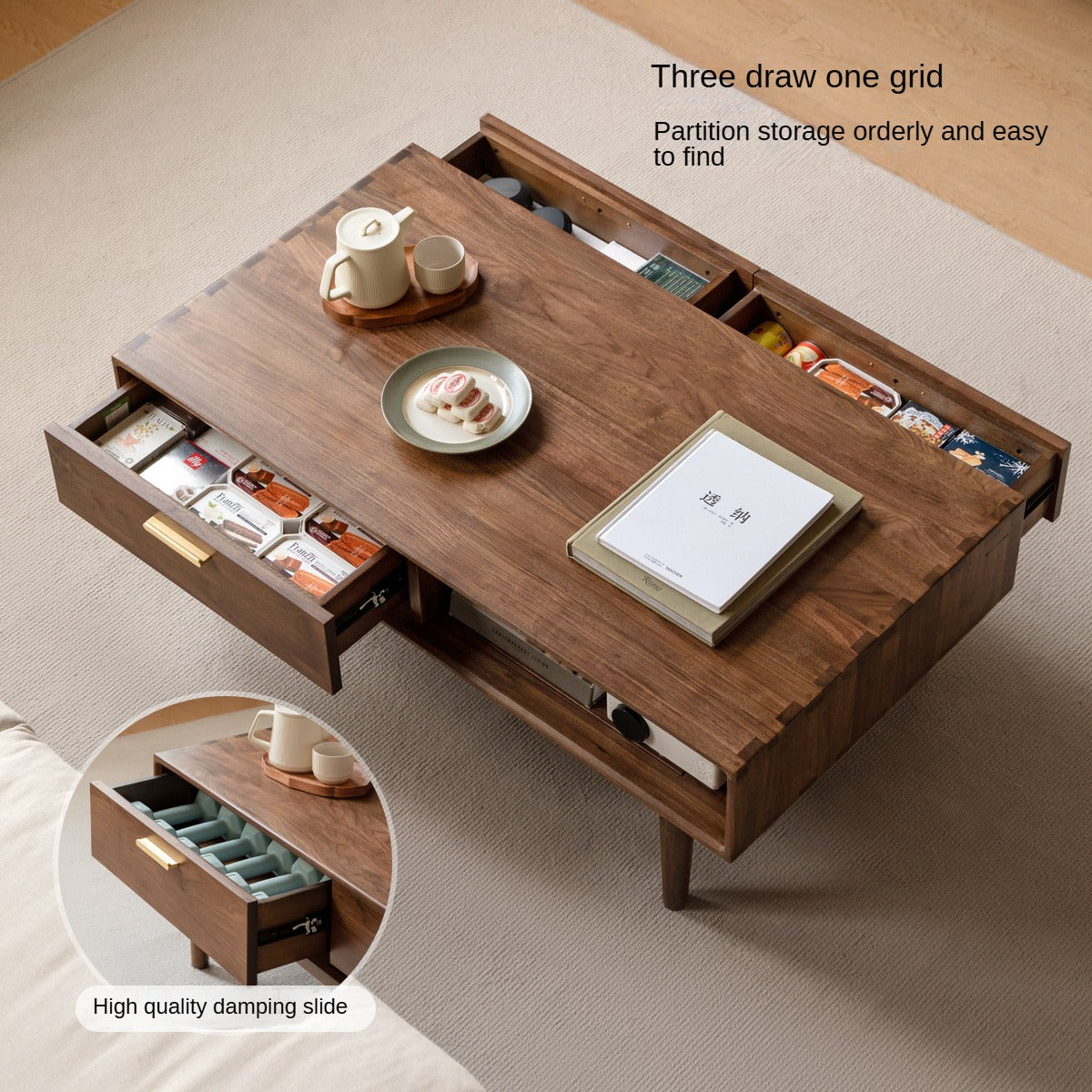 Solid Black Walnut Wood Storage Coffee Table with Rock Plate - Rustic Living Room Furniture for Home Decor & Organization