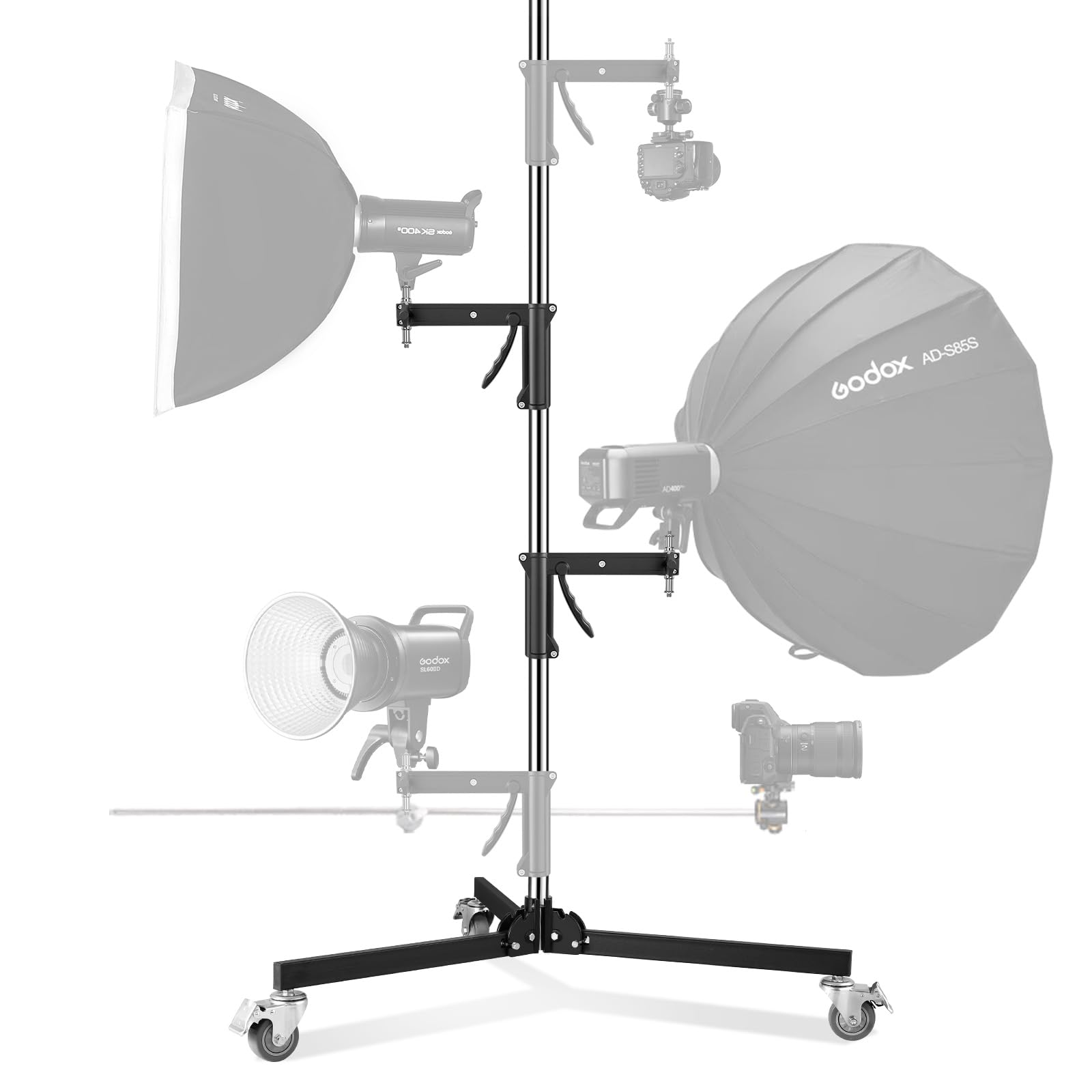 Heavy Duty M20 Steel Wheeled Pistol Grip Light Stand for Photography - 6.5' Max Height, 22 Lbs Load Capacity with Sliding Arm & Chrome-Plated Column | Perfect for Studio, Portrait, Product Photography and Video Lighting Setup