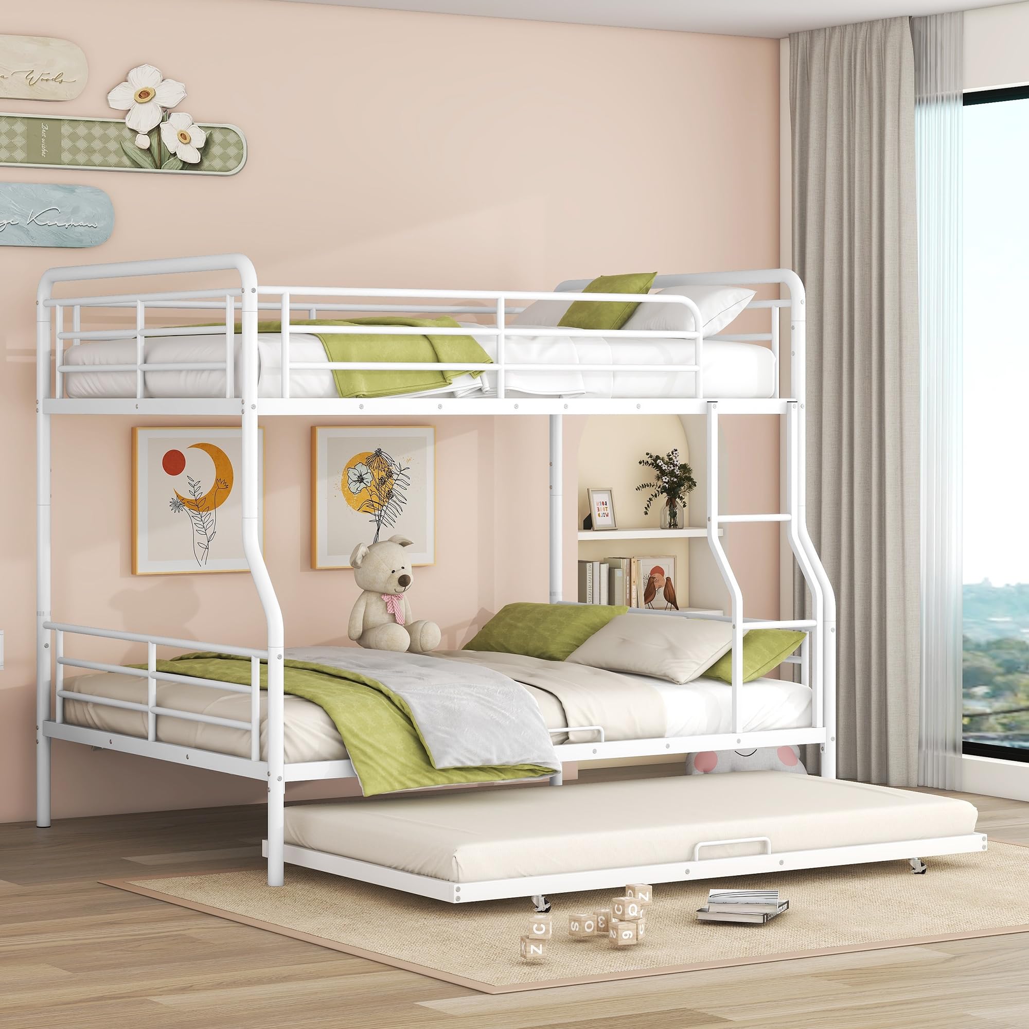 Merax Full XL Over Queen Metal Bunk Bed Frame with Twin Size Trundle & Full-Length Guardrails - Sturdy Space-Saving Bunk Bed for Teens, Kids, Boys & Girls - Perfect for Dorms, Guest Rooms & Small Bedrooms (White)