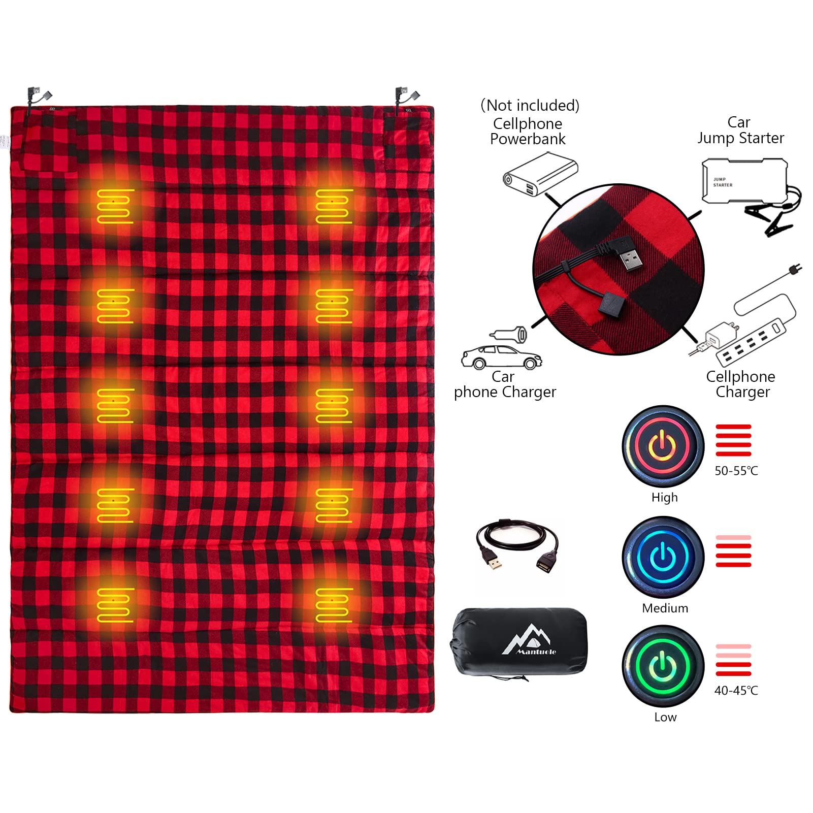 Electric Heated Sleeping Bag Pad & Liner - 5-Zone Heating System | USB Powered (Works with Power Banks & USB Chargers) | Portable & Compact for Camping, Hiking, Winter Outdoor Adventures