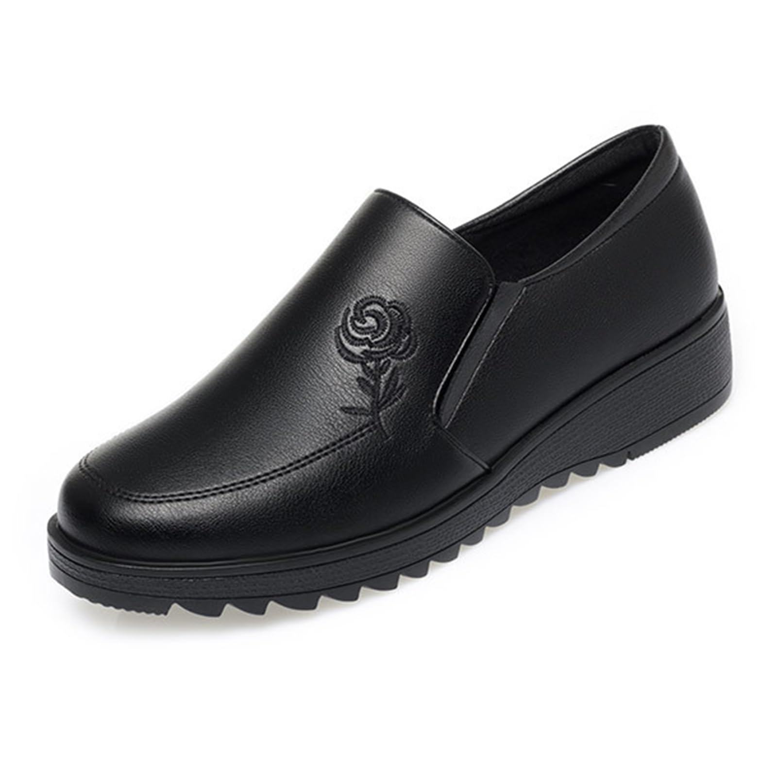 Women's Embroidery Leather Slip-On Loafers - Anti-Slip Lug Sole Comfort Shoes with Side Zip | Lightweight Soft Sole for Walking, Work & Nursing | Casual Round Toe Design for Daily Wear