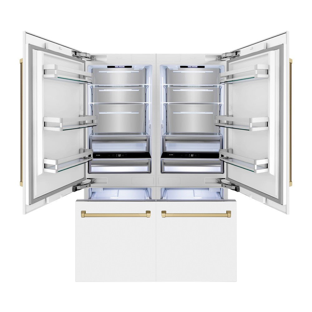 ZLINE Autograph Edition 60-Inch French Door Built-In Refrigerator - 32.2 cu ft Capacity, Bottom Freezer, Water Dispenser & Ice Maker - White Matte with Champagne Bronze Accents (RBIVZ WM 60 CB) | Perfect for Modern Kitchens & Luxury Homes