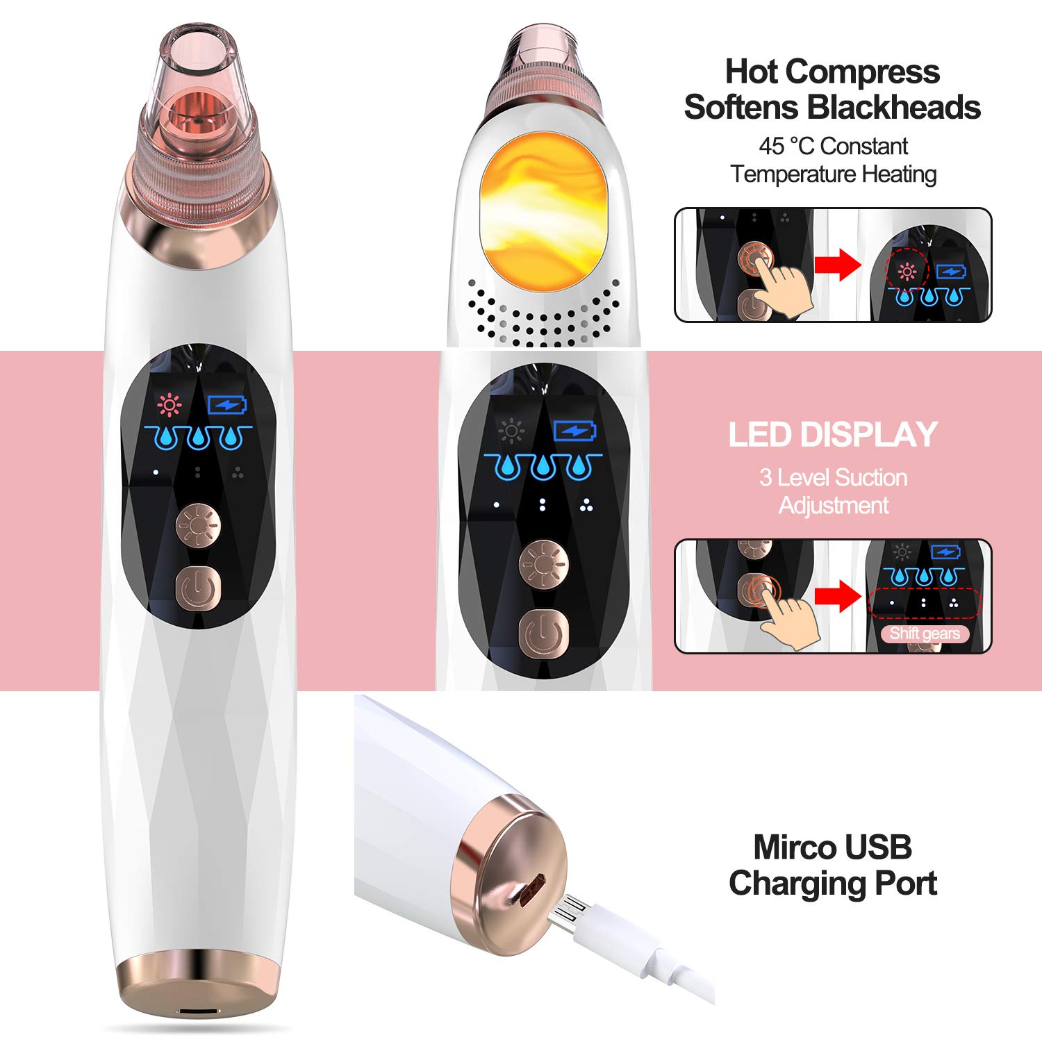 2021 Upgraded YONOY Blackhead Remover Vacuum - USB Rechargeable Pore Cleanser with Hot Compress, LCD Screen & Stand | Professional Facial Care Tool for Deep Cleansing & Skin Purifying at Home Spa