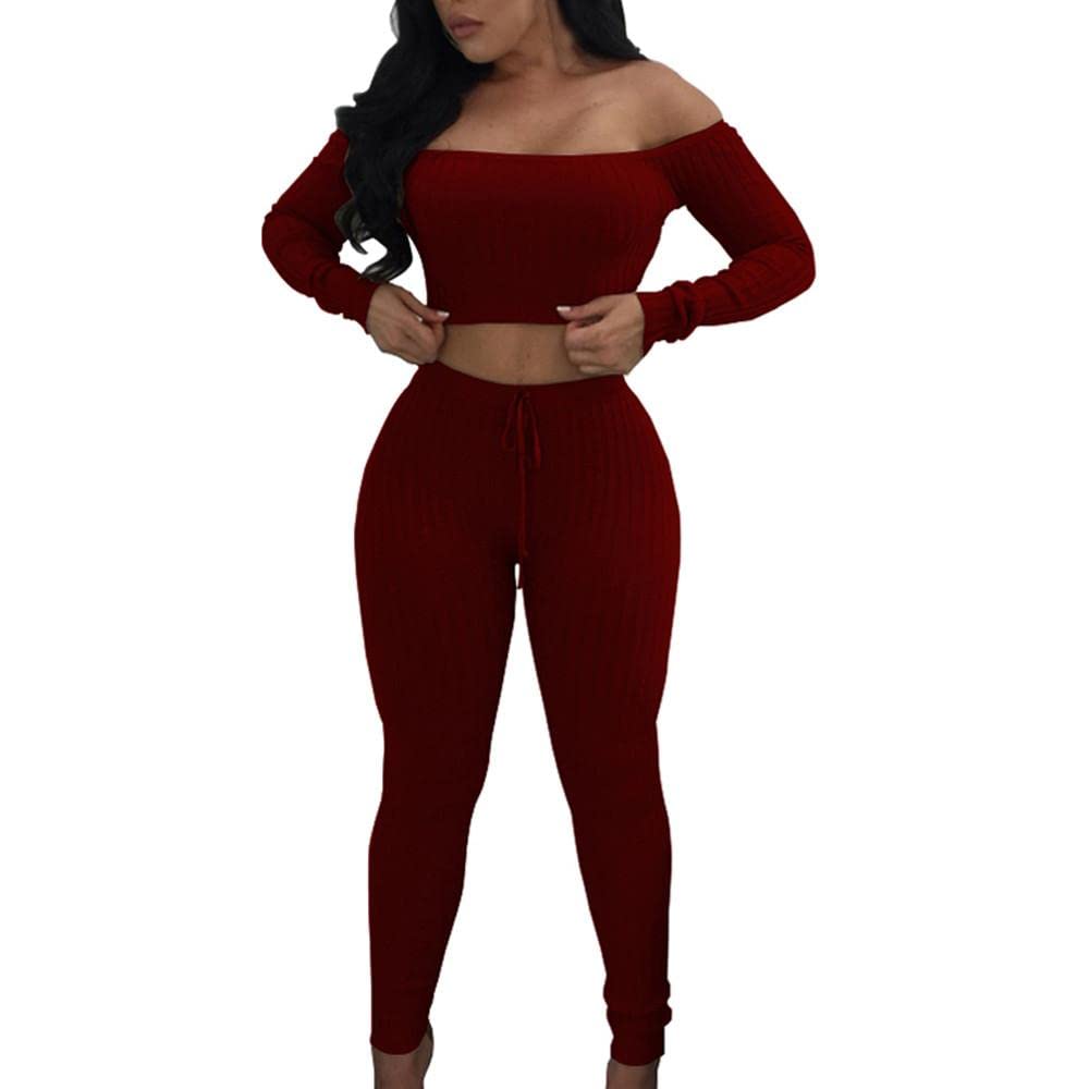 Women's Two Piece Outfits - Casual Lounge Sets with Slim Fit Yoga Leggings & Off Shoulder Crop Tops | Sweatshirt & Sweatpants Comfy Set for Yoga, Workout, Home Wear & Street Fashion