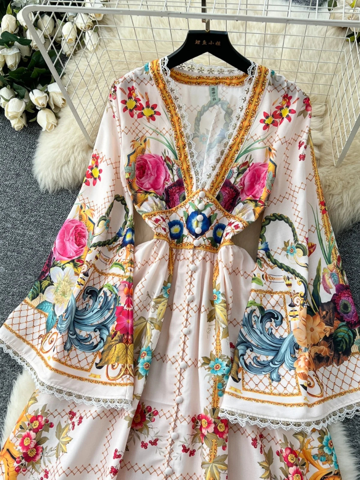 Elegant Floral Long Maxi Dress for Women - Lantern Sleeve, Single Breasted Lace Neckline, National Trench Print - Perfect for Parties, Weddings & Special Occasions