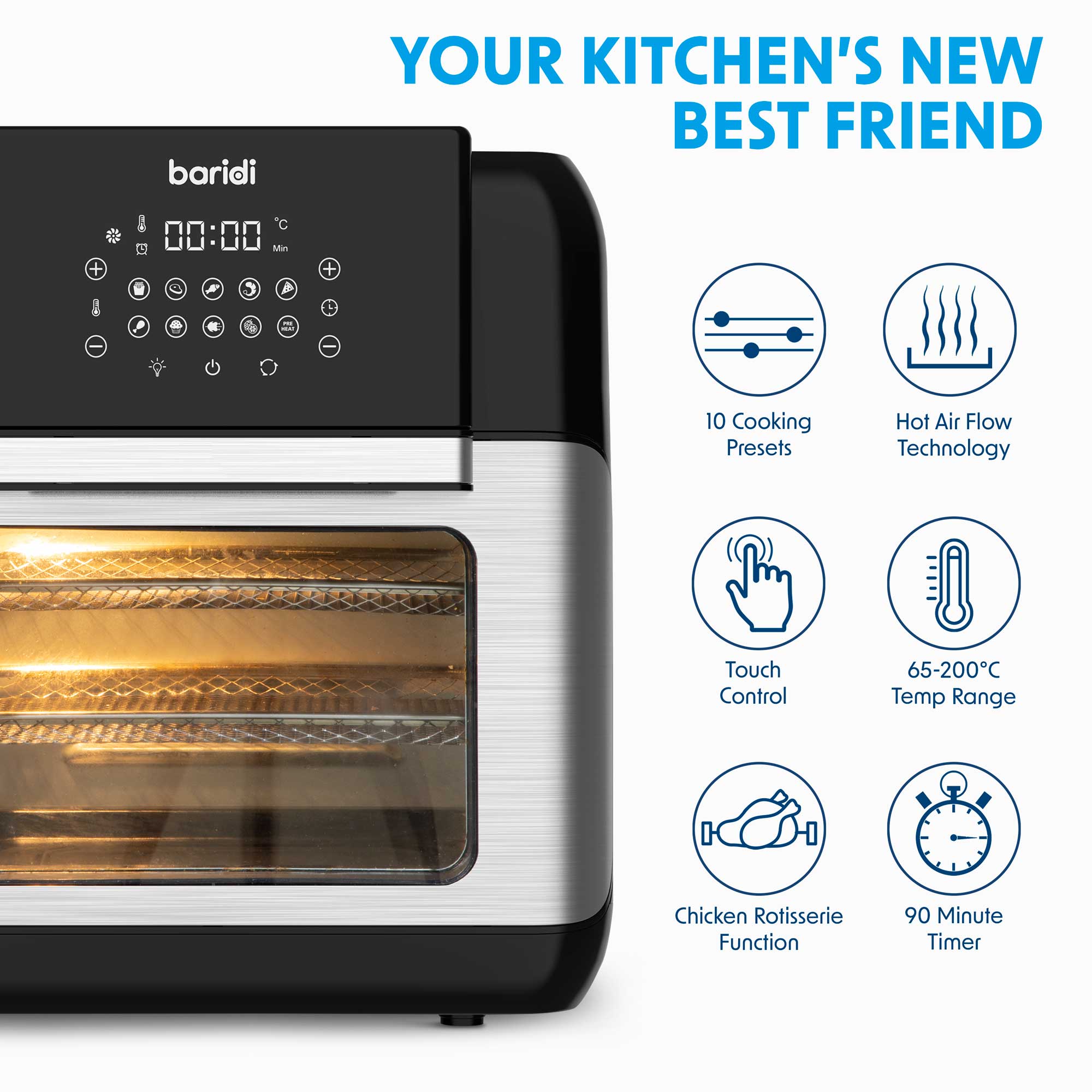 Baridi 1500W 12L Large Air Fryer with Rotisserie & Grill - 10-in-1 Multi-Function Oven with Accessory Kit - Perfect for Family Cooking, Healthy Meals & Party Snacks