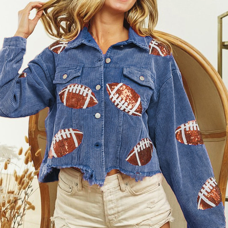 Stylish Women's Corduroy Rugby Print Baseball Jacket - Warm Autumn Winter Fashion Outerwear for Casual Wear & Outdoor Activities