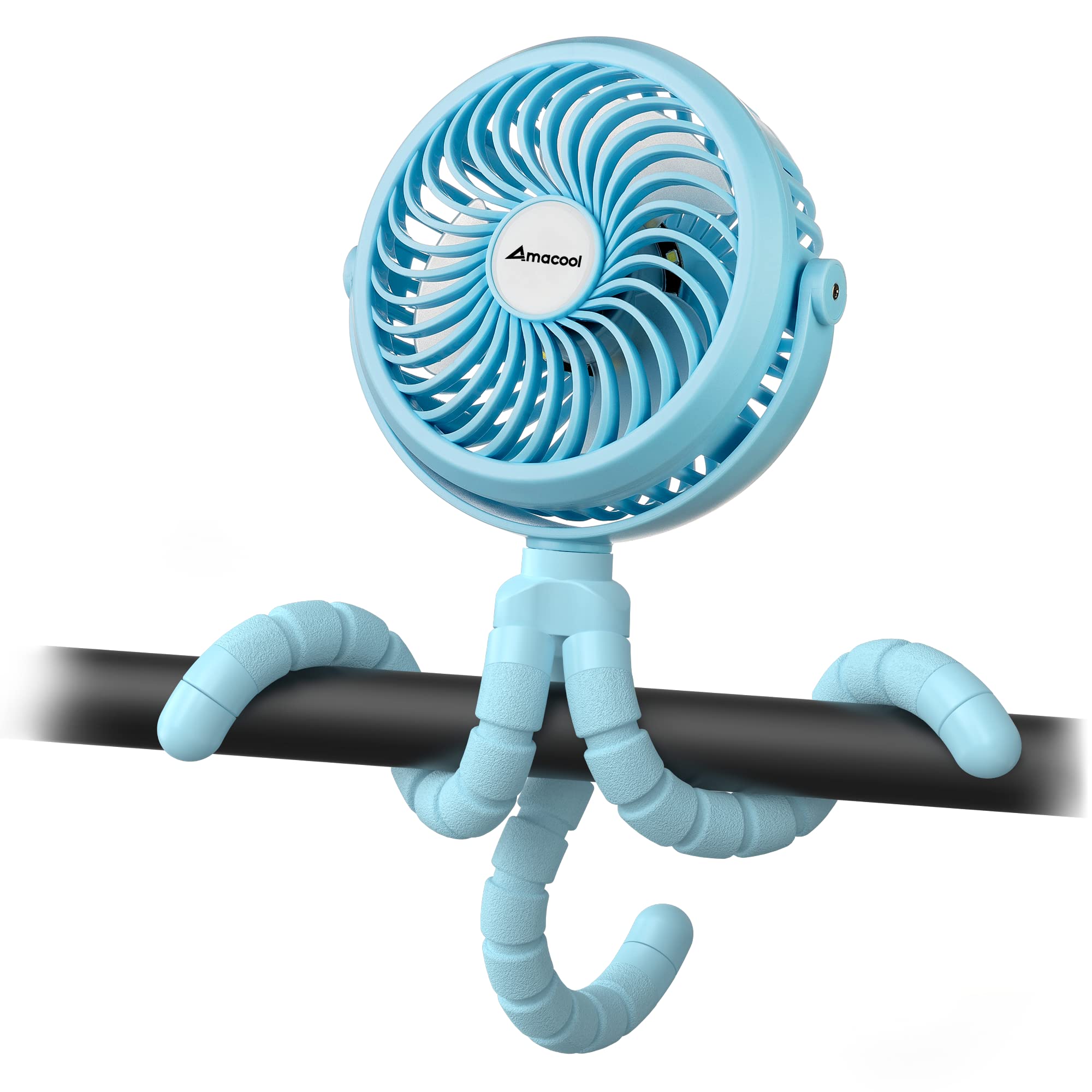 AMACOOL Rechargeable Stroller Fan with Flexible Tripod - 3 Speed Adjustable, 360° Rotatable Clip On Fan for Baby Stroller, Car Seat, Crib, Bike & Treadmill | Portable Personal Cooling Fan for Indoor & Outdoor Use (Blue)