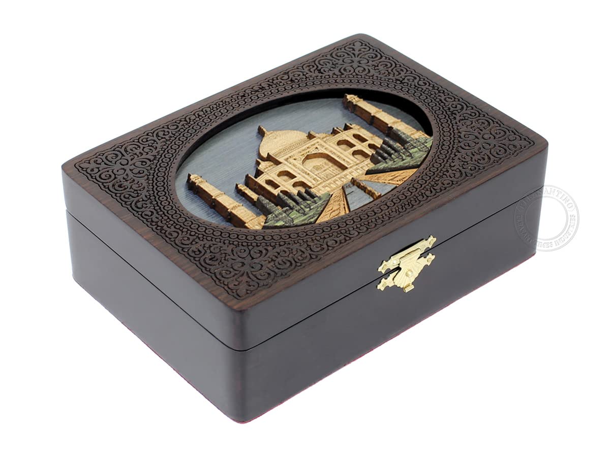 Handmade Taj Mahal Wooden Jewelry Box - Personalized Engraved Gift for Watches & Keepsakes (8x6 Inch)