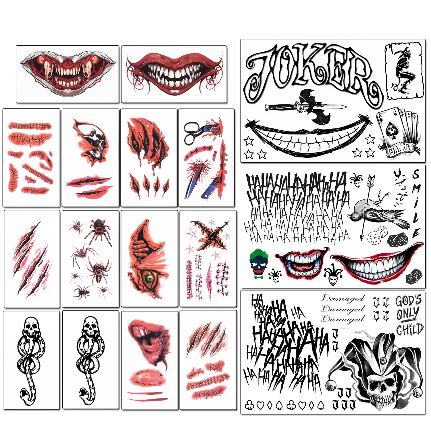 17 Sheets Joker Halloween Temporary Tattoos - Waterproof Fake Tattoo Stickers for Costume, Cosplay, Masquerade Party & Makeup Accessories | Perfect for Halloween, Comic Con, and Themed Events