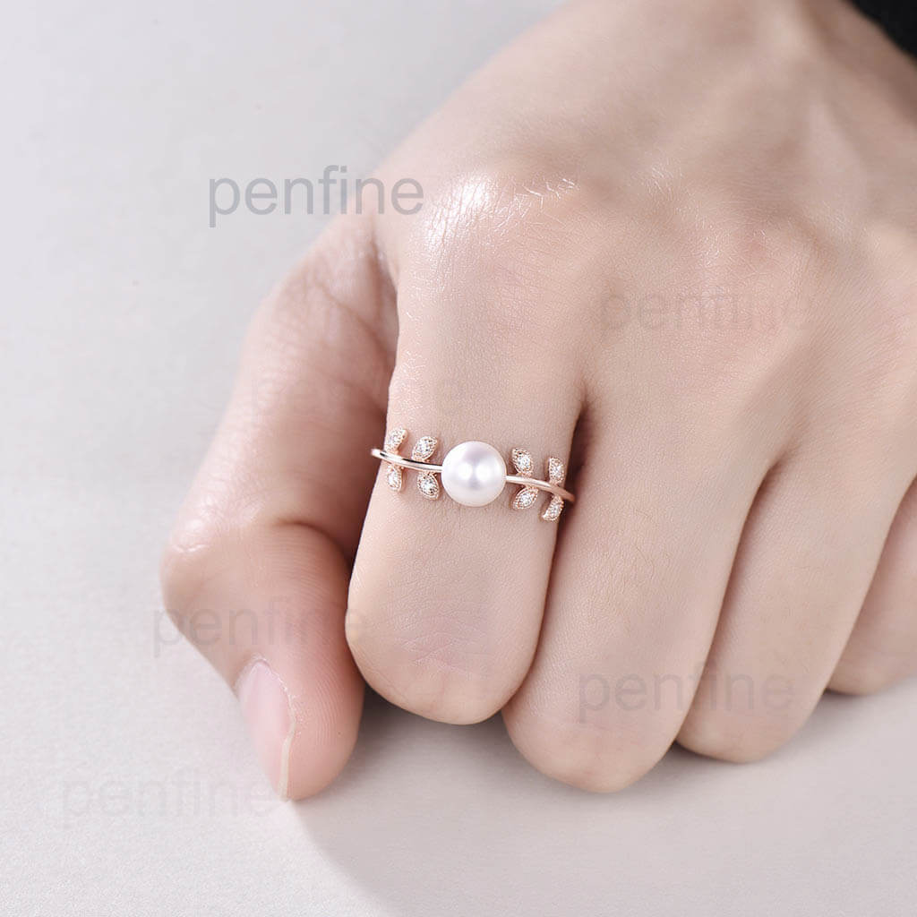 Dainty Leaf Pearl Engagement Ring - 14K Gold Moissanite Wedding Band for Women - Perfect for Bridal, Anniversary & Everyday Elegance
