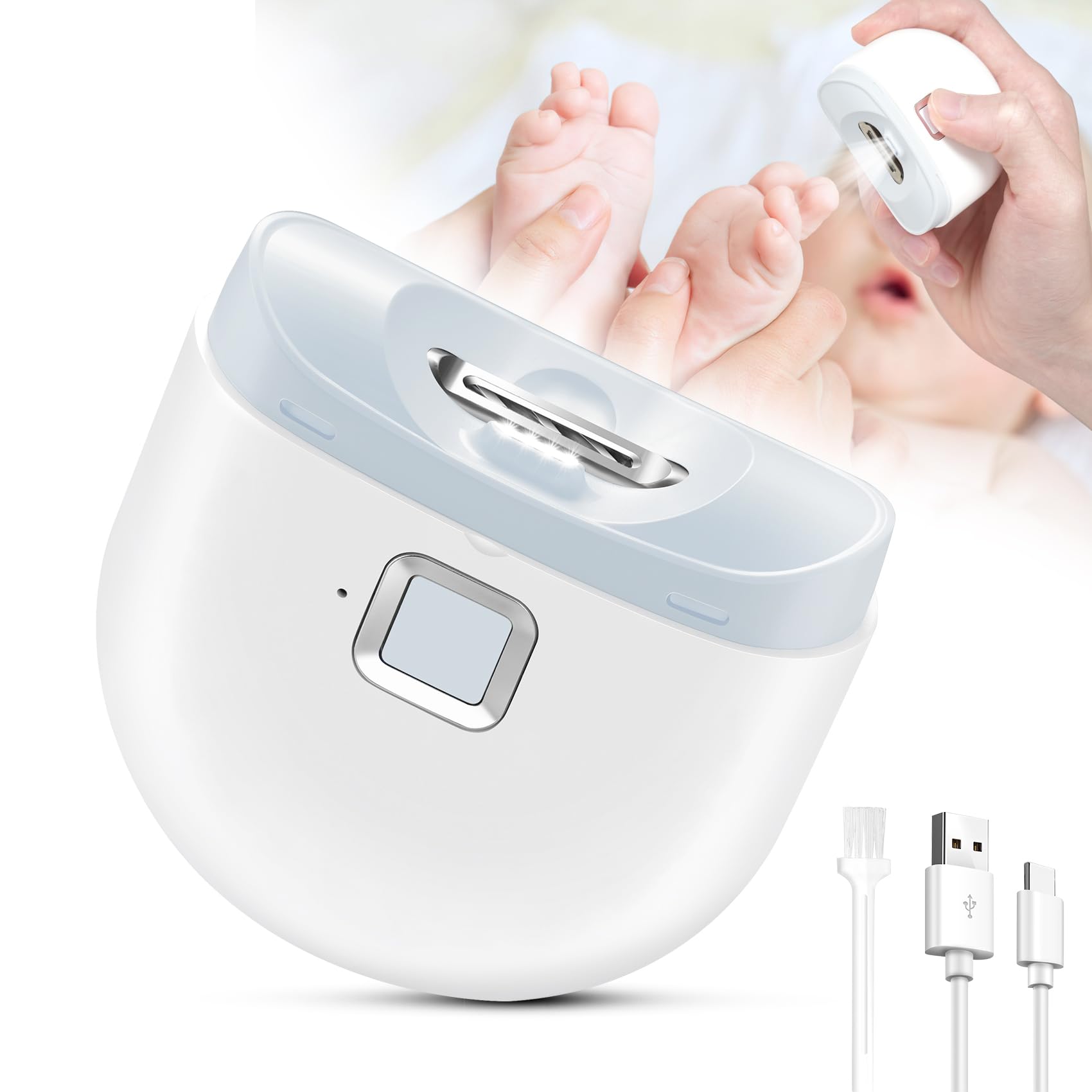 Electric Baby Nail Trimmer - Automatic Nail Clipper with LED Light, 2 Speed Modes & Quiet Operation | USB Rechargeable Nail File for Kids & Toddlers | Safe Nail Care for Newborns & Infants at Home or Travel