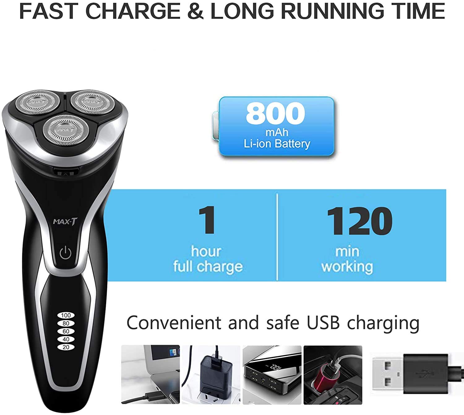 MAX-T Men's Electric Razor - Rechargeable Wet & Dry Rotary Shaver with 3D Floating Heads for Smooth Shaving | Perfect for Travel, Gym & Daily Use (Black)