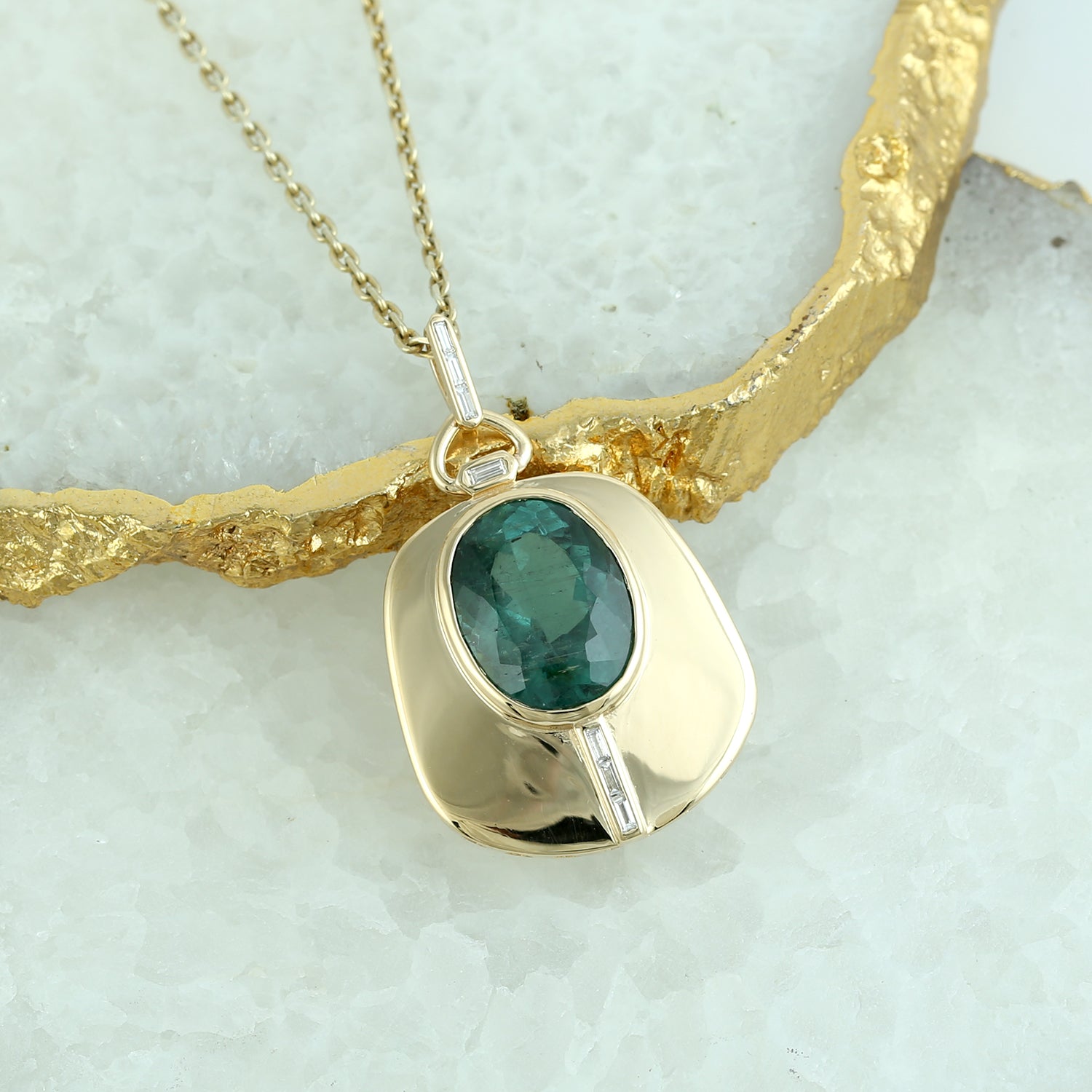 18K Yellow Gold Green Tourmaline Baguette Diamond Pendant Necklace for Women | Elegant Jewelry Gift for Her, Perfect for Birthdays, Anniversaries & Special Occasions