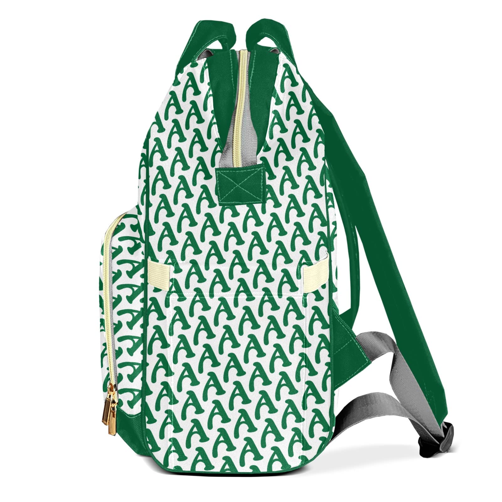 Stylish Green Alphabet Print Diaper Backpack - Personalized Baby Bag for Moms & Dads | Perfect for Nursing, Travel & Everyday Use