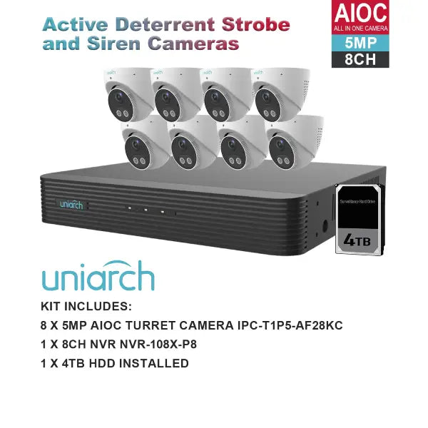 Uniarch K5088AIOC 5MP 8 Channel CCTV Security System with Active Deterrent - Home & Business Surveillance Kit for 24/7 Property Protection