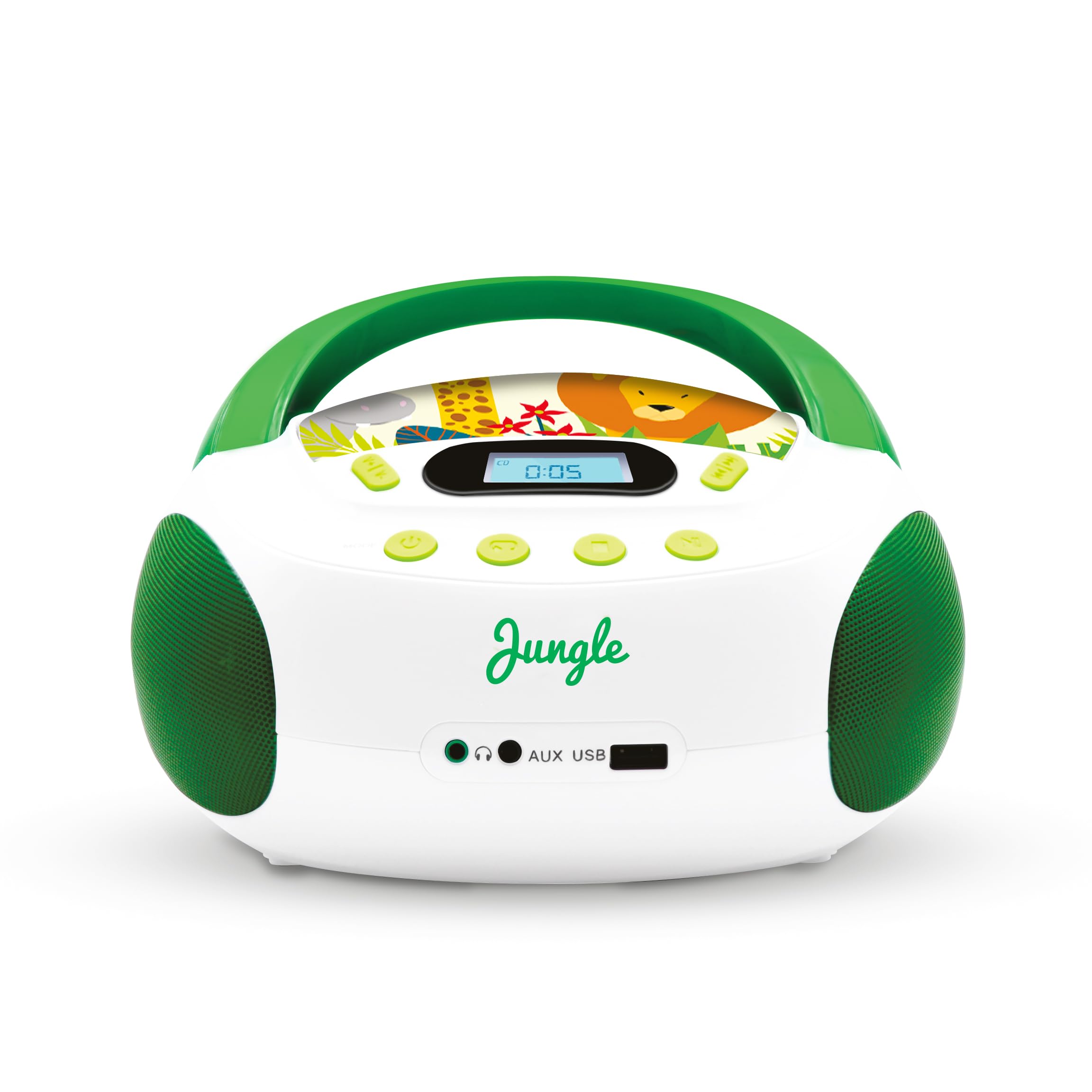 MOOOV Jungle Kids CD Player with USB & AUX-in Port - Green & White (Model 477144) - Perfect for Bedroom, Playroom & Travel Entertainment