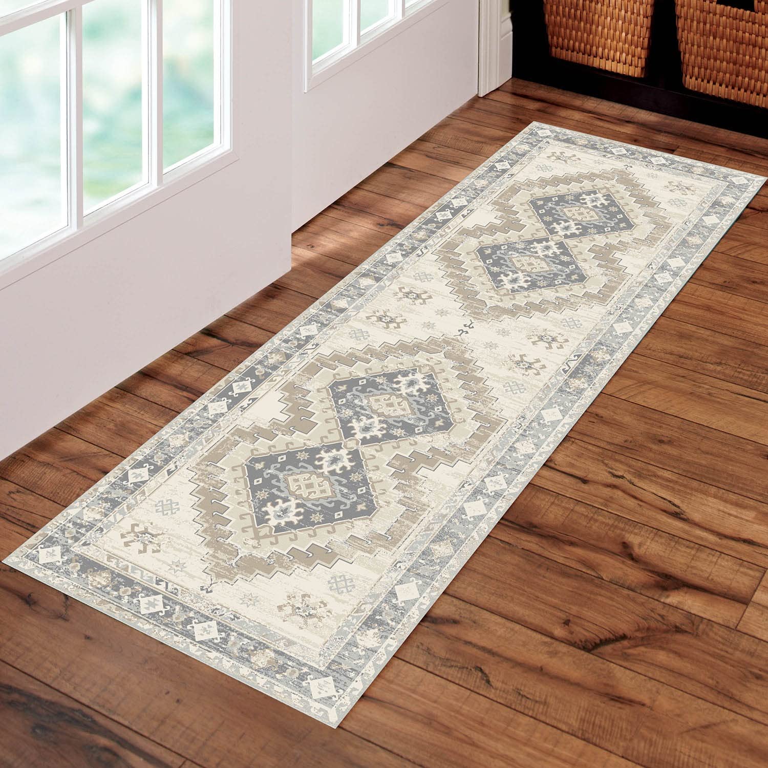 Traditional Beige Runner Rug 4'x6' - Non-Slip TPR Rubber Backing, Washable Hallway & Laundry Room Rug - Boho Kitchen Entryway Mat for Home Decor | Perfect for High-Traffic Areas & Pet-Friendly Spaces
