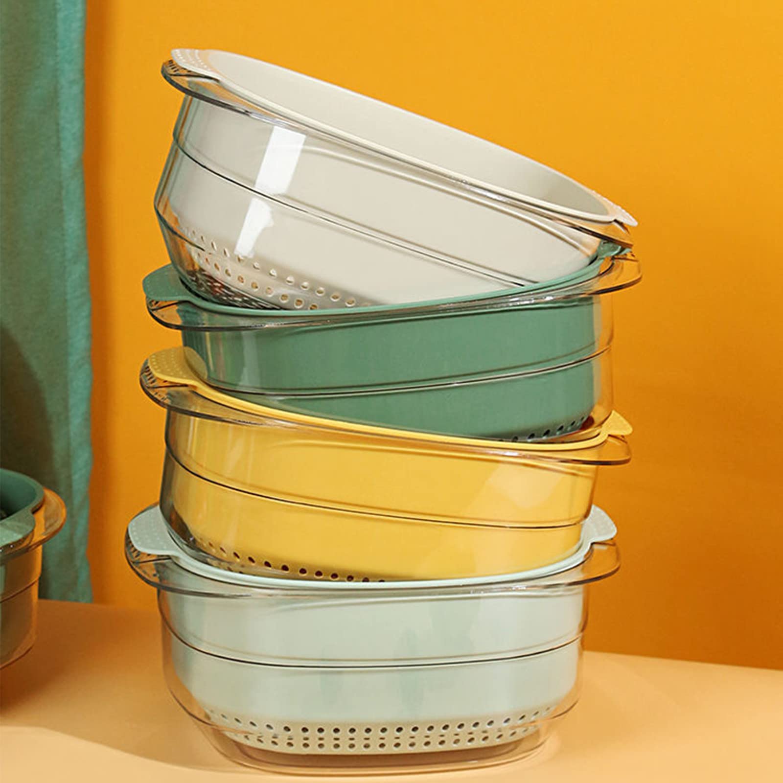 2-in-1 Double Layer Stainless Steel Fruit Vegetable Colander Strainer Basket - Kitchen & Living Room Drain Basket - BPA-Free Wheat Straw Material for Healthy Cooking & Food Prep - Perfect for Washing Produce, Draining Pasta & Organizing Small Items