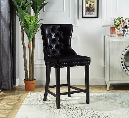 Premium Black Leatherette Velvet Plush Cushioned Bar Stool Set of 2 - Modern Kitchen Island & Home Bar Seating for Dining Room & Lounge