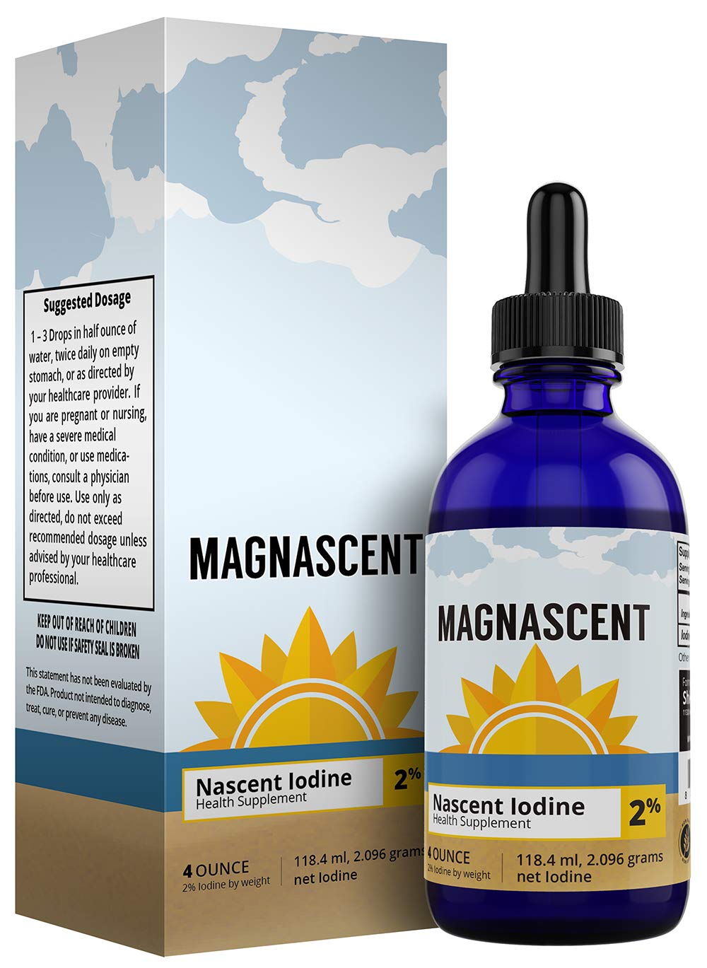 Organic Nascent Iodine Drops 2% High Potency - 4oz/118.4ml Liquid Supplement for Thyroid Support, Energy Boost & Metabolism - Vegan, Non-GMO Daily Health Supplement - Perfect for Keto, Paleo & Low-Iodine Diets