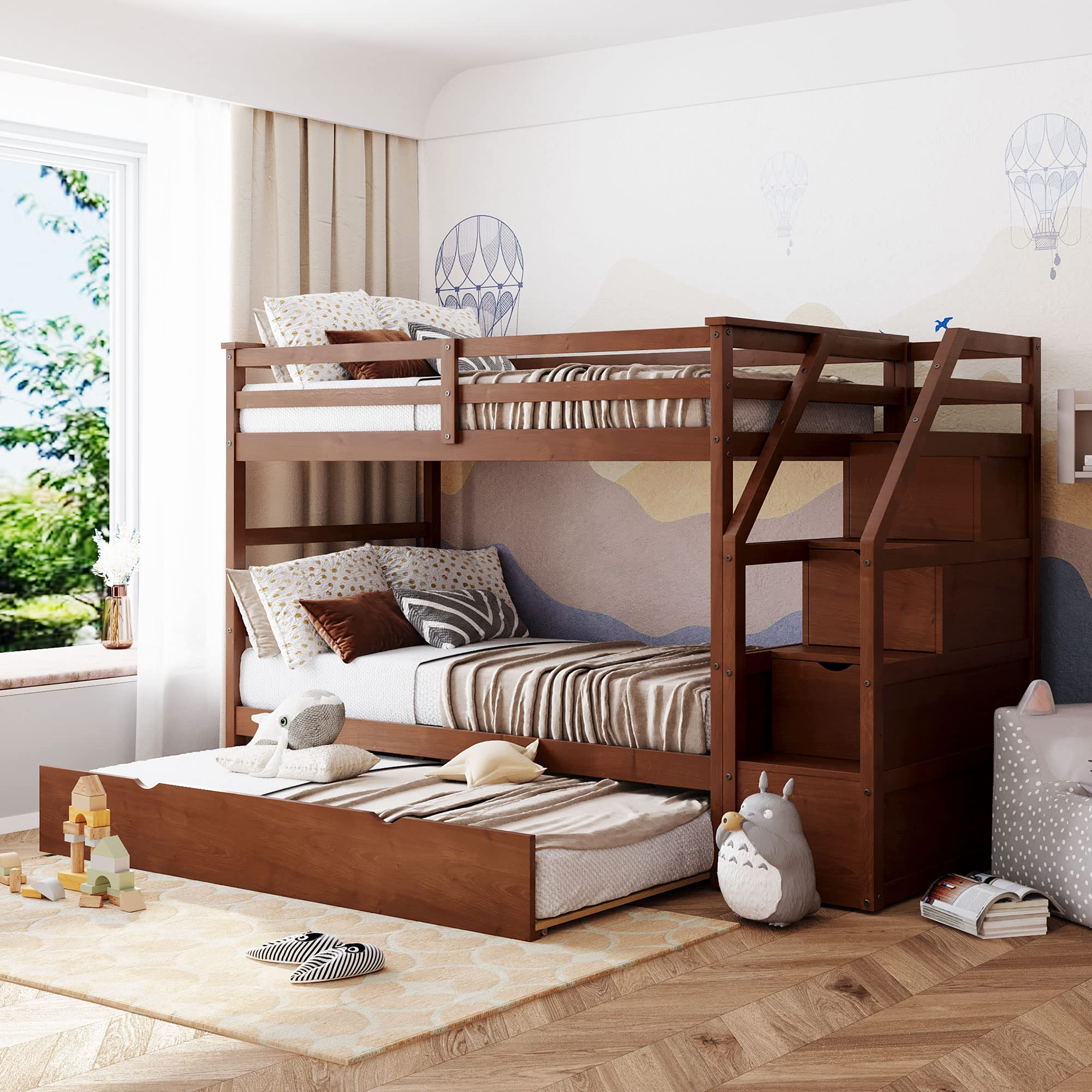 Harper & Bright Designs Twin Over Twin Bunk Bed with Trundle - Solid Wood Bunk Bed with Storage Stairs for Kids, Teens & Adults - Space-Saving Walnut Bunk Bed for Small Rooms, Guest Rooms & Vacation Homes