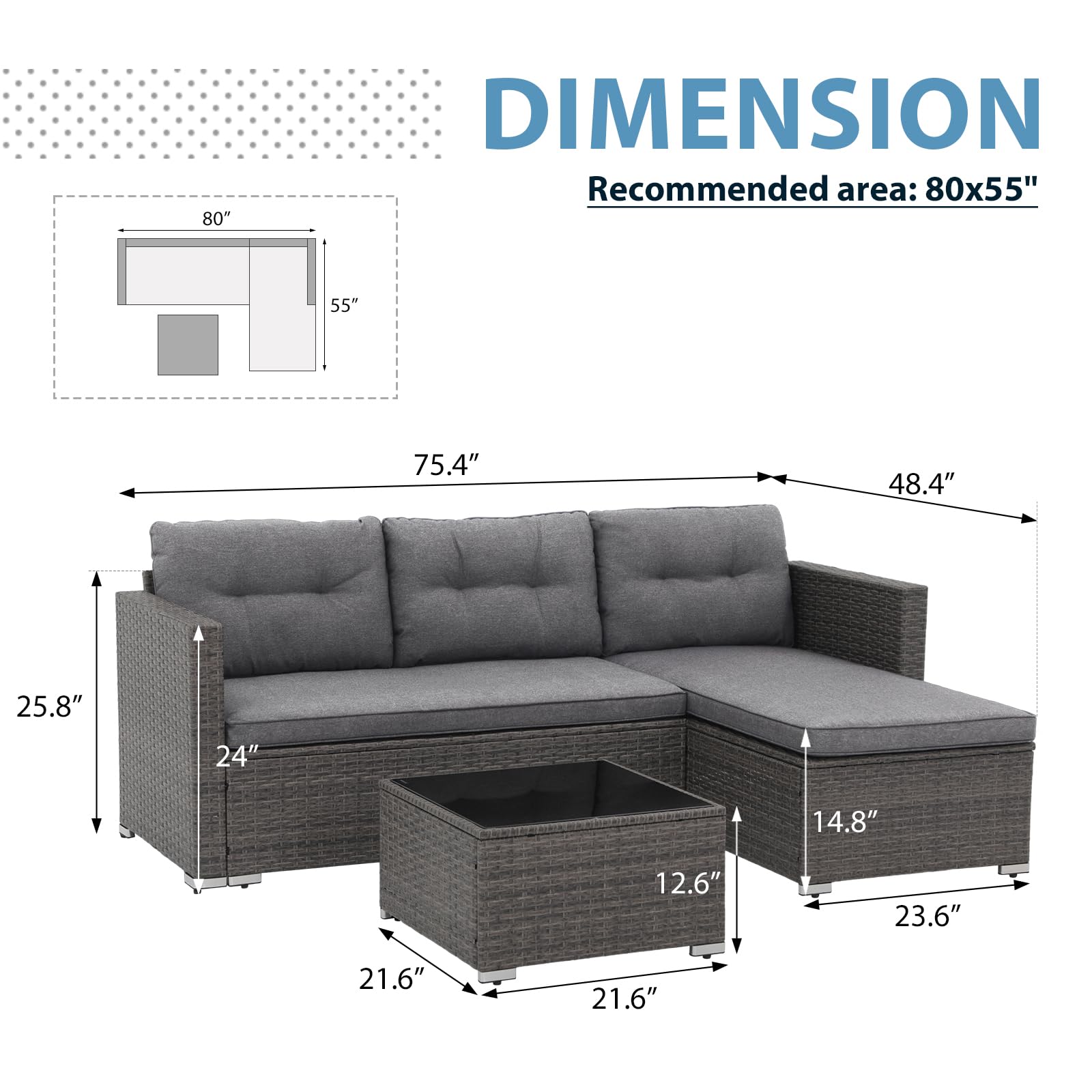 JOIVI 3-Piece All-Weather Outdoor Patio Furniture Set - Wicker Rattan Sectional Sofa with Cushions & Tempered Glass Table - Gray - Perfect for Backyard, Garden, Poolside & Patio Relaxation