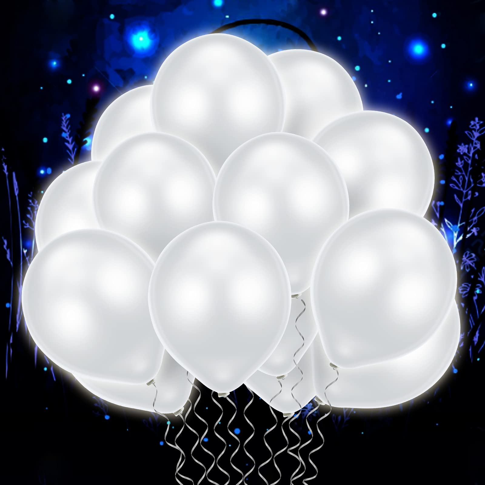 Sumind 60-Pack LED Light Up Balloons - Glow in The Dark Luminous Latex Balloons for Birthday Parties, Weddings & Halloween Decor - Fillable with Helium or Air (Round, White) - Perfect for Nighttime Events, Pool Parties & Romantic Proposals