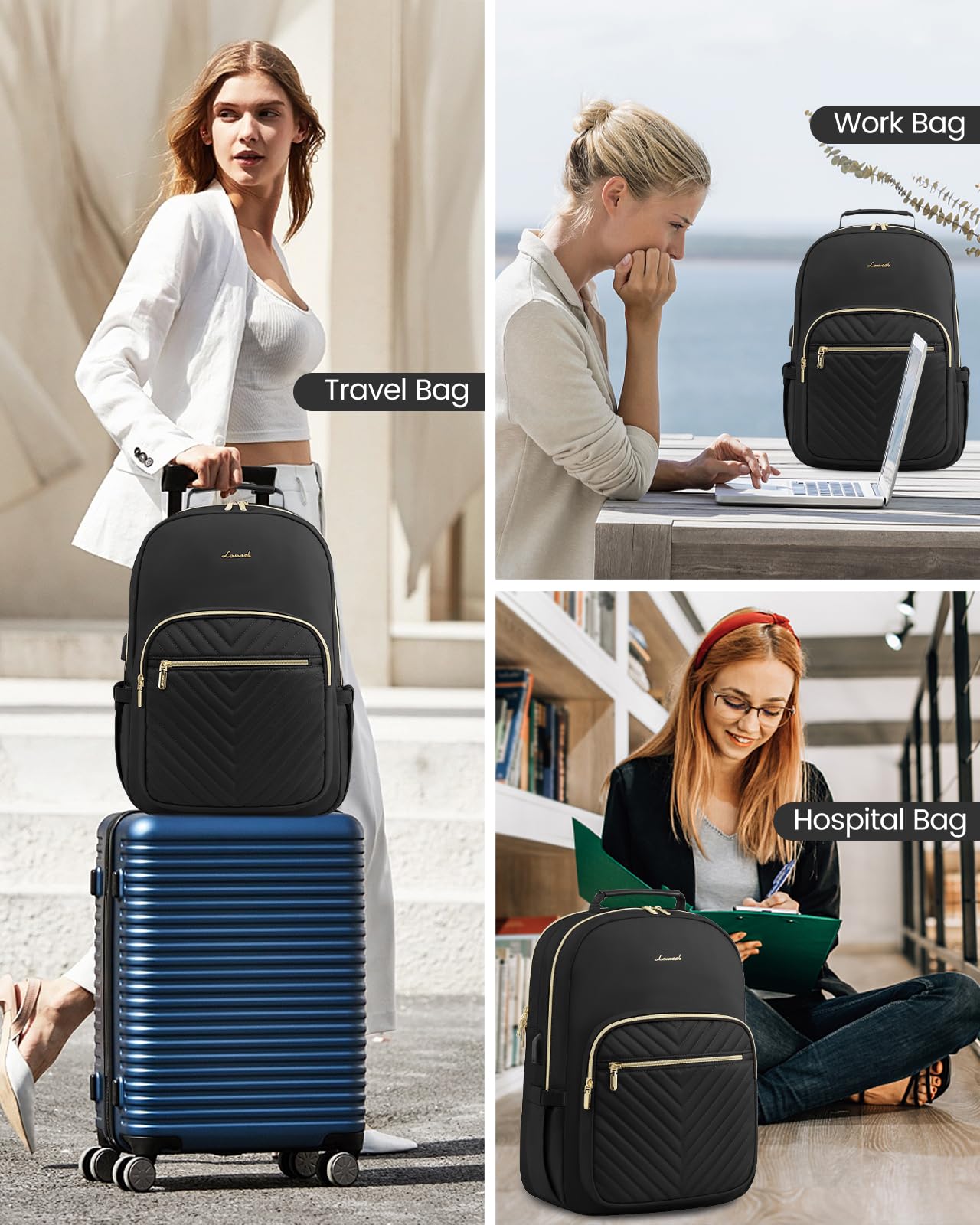 LOVEVOOK Women's 17-inch Laptop Backpack - Stylish Travel Computer Bag for College Students, Teens & Outdoor Hiking, Durable Carry-On Backpack Purse in Black for Work, School & Daily Commute