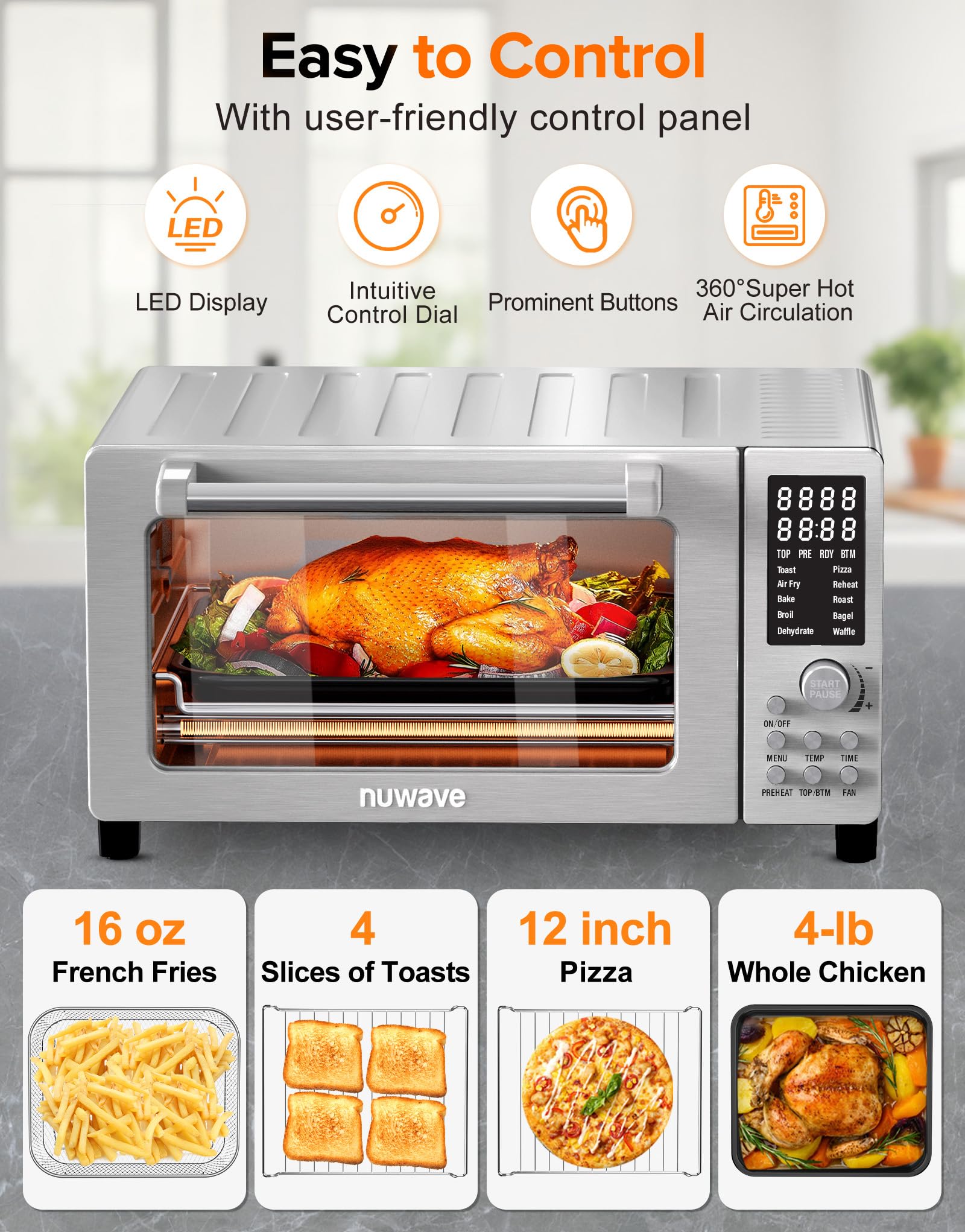 Nuwave Bravo Pro Smart 21QT Air Fryer Toaster Oven Combo - 10-in-1 Convection Countertop Oven with Even & Quick Crisp Technology, 1800W, 50-450°F, Stainless Steel - Perfect for Baking, Roasting, Air Frying, and Family Meals