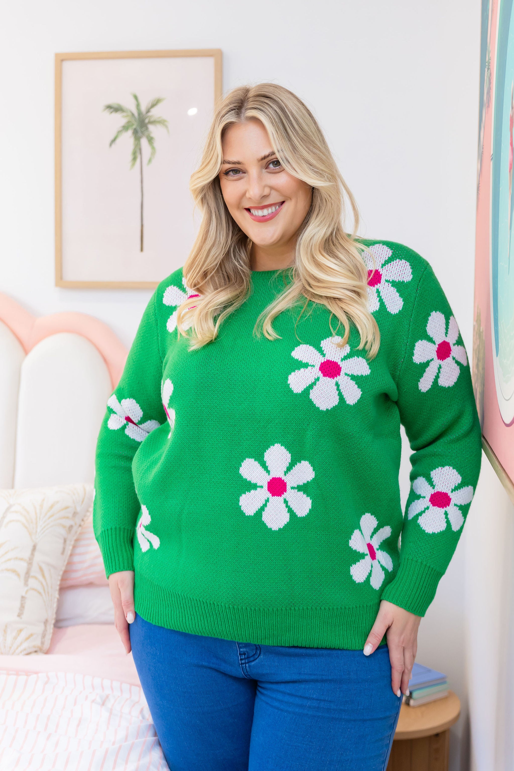 Green Floral Knit Jumper | Women's Casual Sweater | Perfect for Autumn Layering & Cozy Winter Outfits