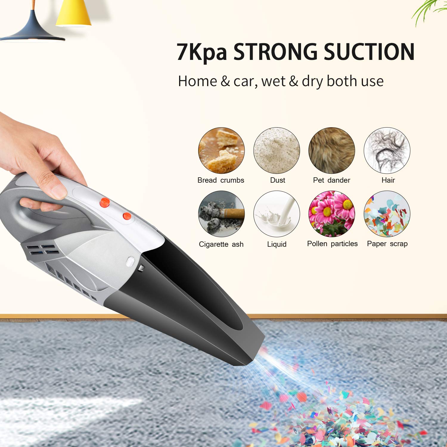Rechargeable Cordless Handheld Vacuum Cleaner - Powerful Suction Wet/Dry Vac for Car & Home Cleaning | Portable Lightweight Hand Vac for Pet Hair, Car Seats & Quick Spills