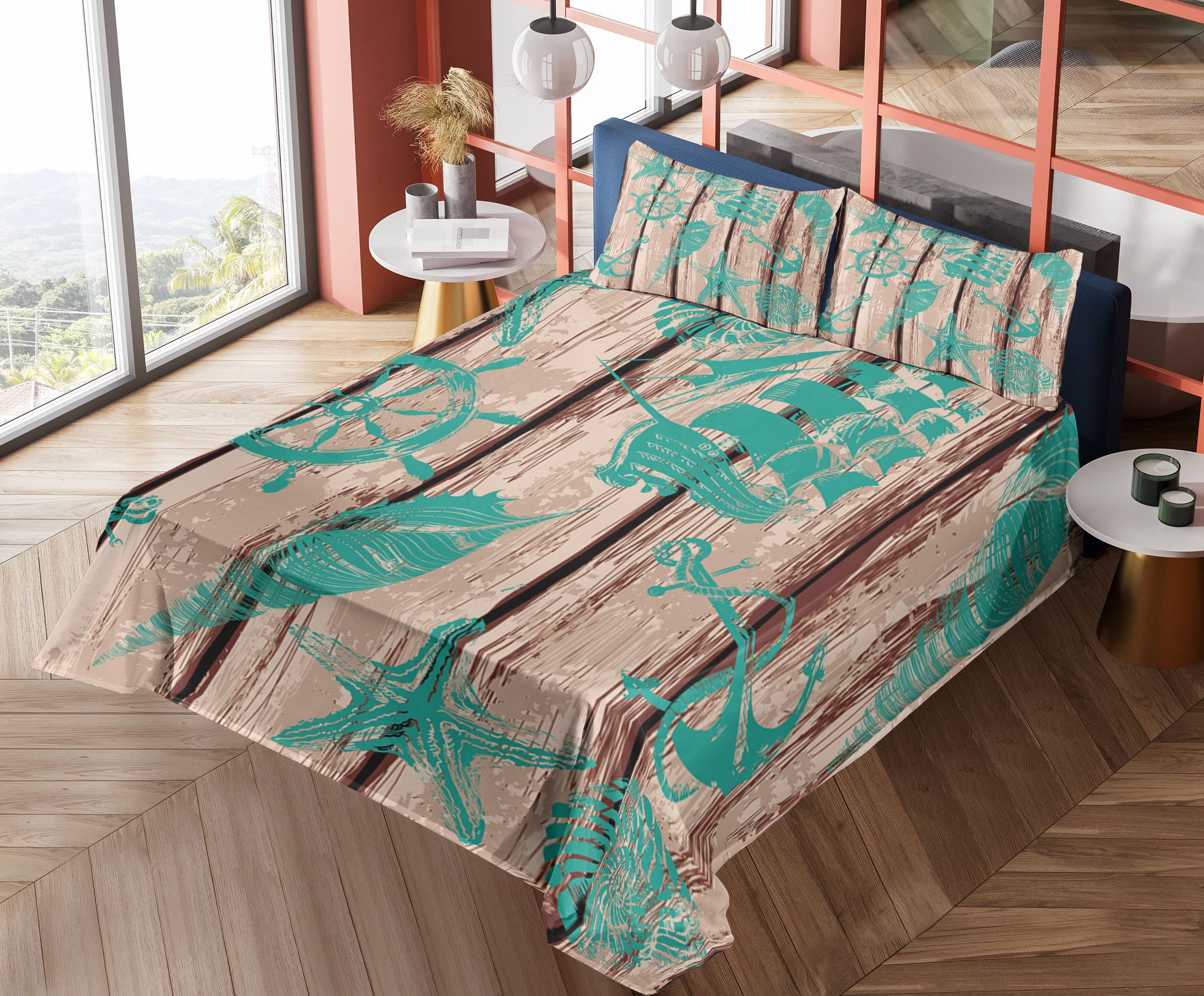 Ambesonne Nautical King Sheet Set - Marine Themed Bedding with Ship Wheel, Anchor, Shells & Starfish - 4 Piece Set Includes Fitted Sheet, Flat Sheet & 2 Pillowcases - Turquoise & Brown - Perfect for Beach House, Coastal Decor or Nautical Theme Bedroom