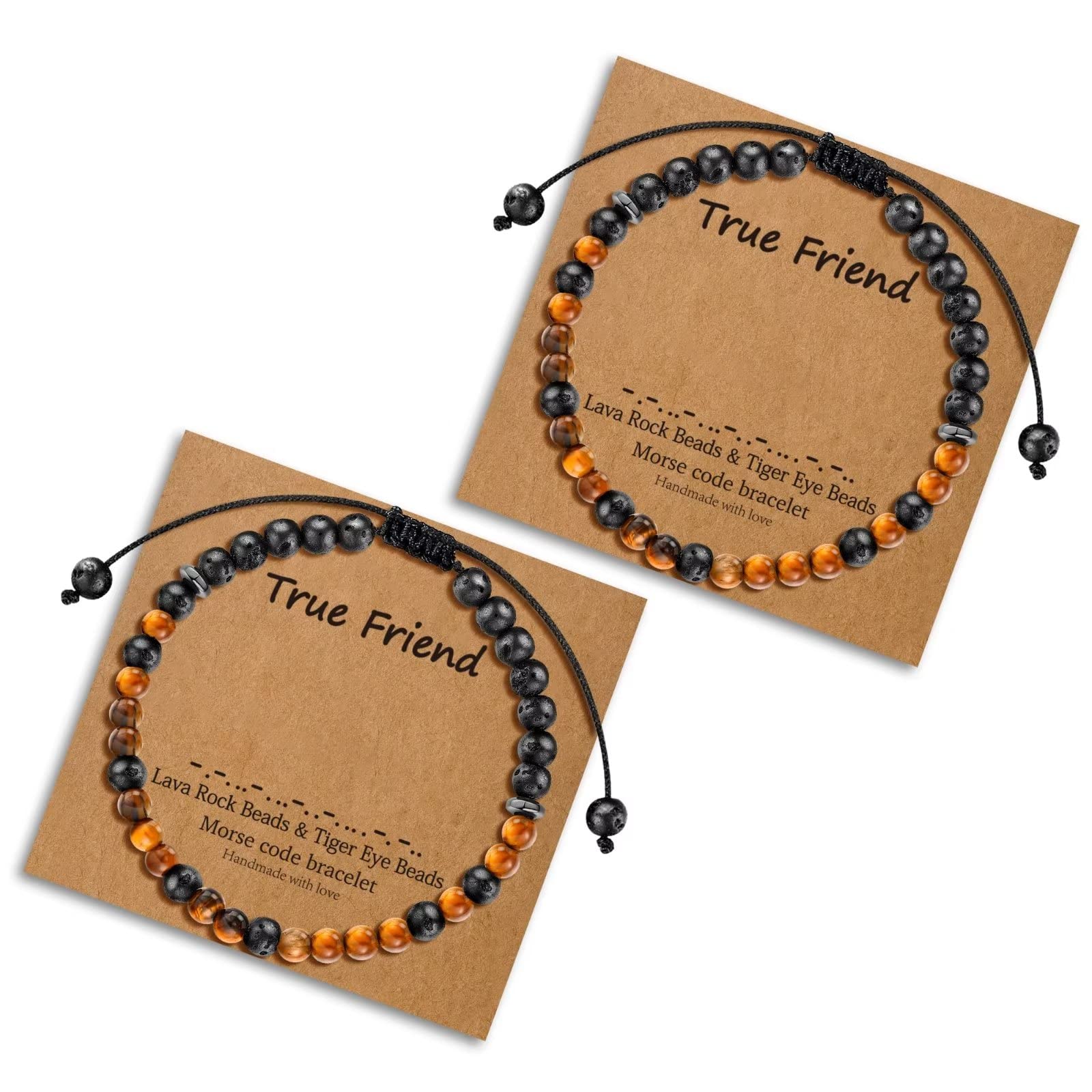 2pcs Tiger Eye Beaded Morse Code Bracelets for Women - Inspirational Friendship Gifts, Lava Rock Bracelet for Best Friend, Birthday Present, Daily Wear & Special Occasions