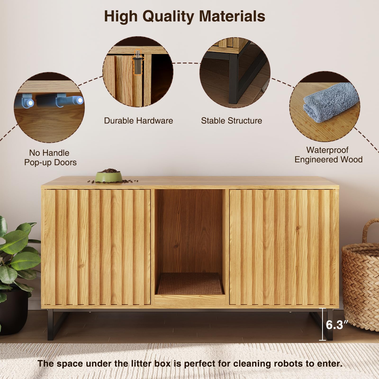 47.6’’ Large Cat Litter Box Enclosure Furniture for 2 Cats - Hidden Double Room Cat Cabinet with Scratch Pad | Indoor Cat House, TV Stand & Side Table | Perfect for Small Spaces & Multi-Cat Homes