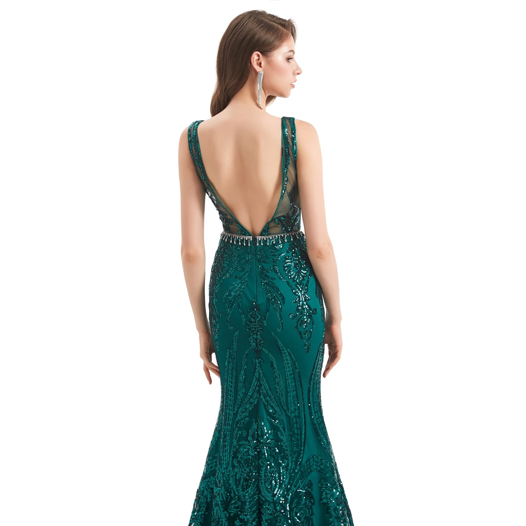 Elegant Green Sequin Mermaid Evening Dress for Women - Formal Party Prom Gown with Round Neckline | Perfect for Prom, Evening Galas, and Special Occasions