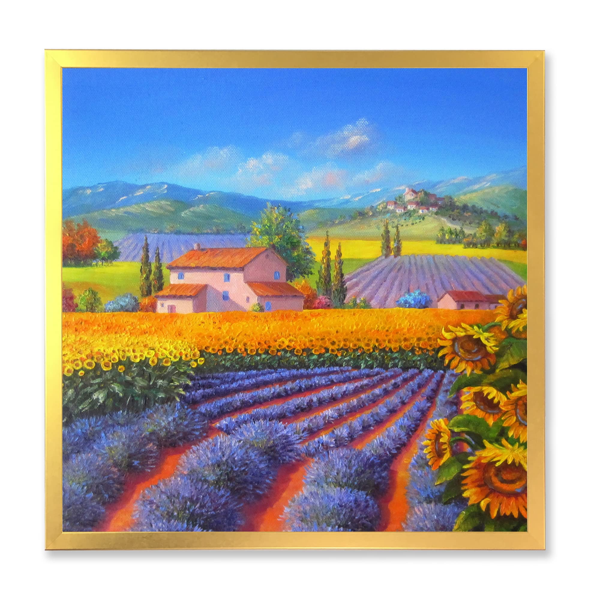 Lavender and Sunflower Fields Traditional Framed Wall Art - Hand Painted Canvas Painting for Living Room, Bedroom Decor - Perfect for Farmhouse, Rustic, Vintage Home Interior Design
