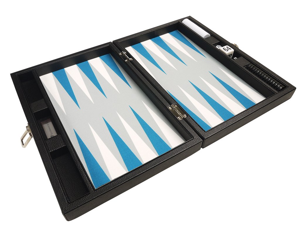 Premium 13-inch Travel Backgammon Set with Black Board & White/Astral Blue Points - Portable Game for Camping, Beach & Family Game Nights