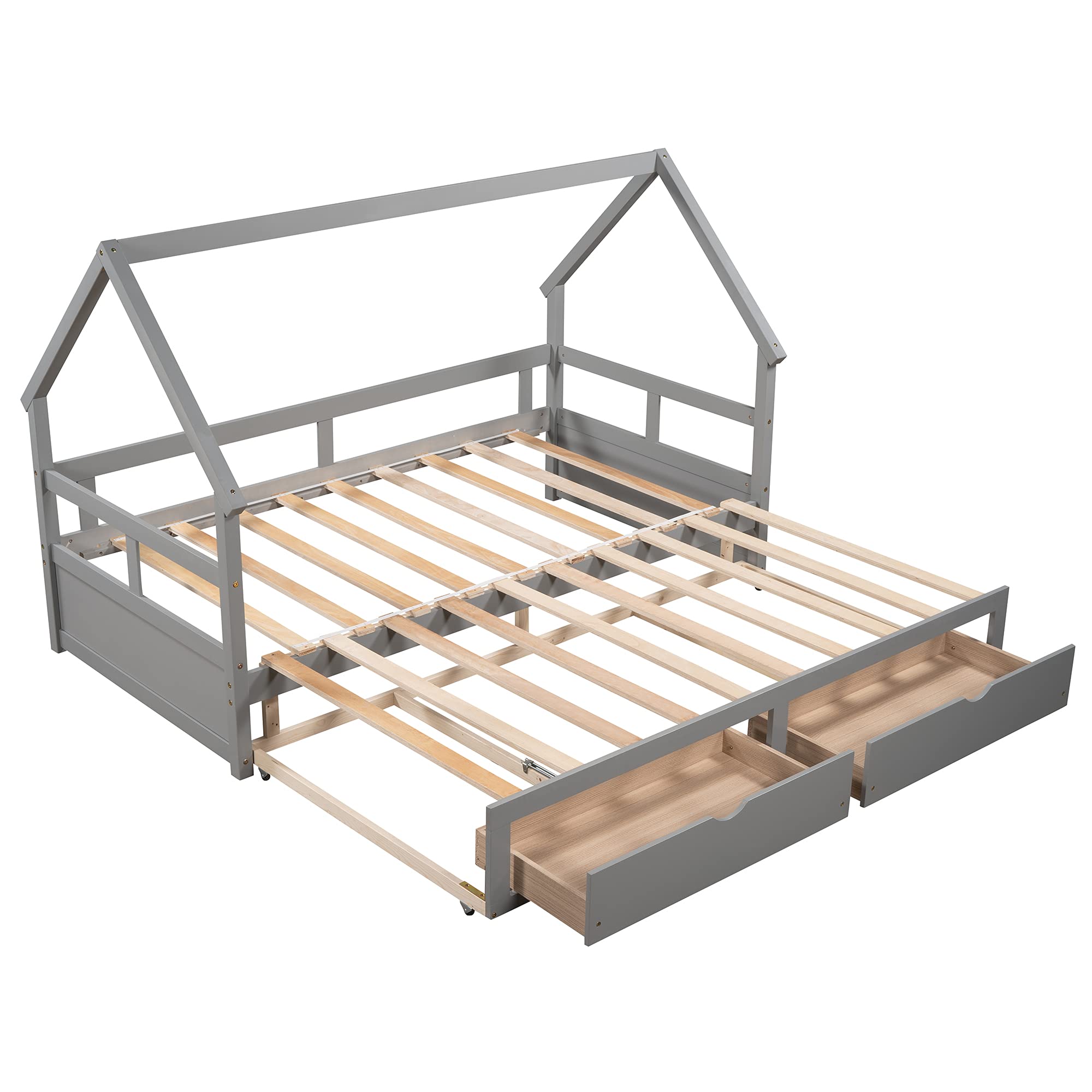 Wooden House-Shaped Daybed with Trundle & 2 Drawers - Kids & Teens Bed Frame with Roof - No Box Spring Needed - Gray - Perfect for Bedrooms, Playrooms & Sleepovers