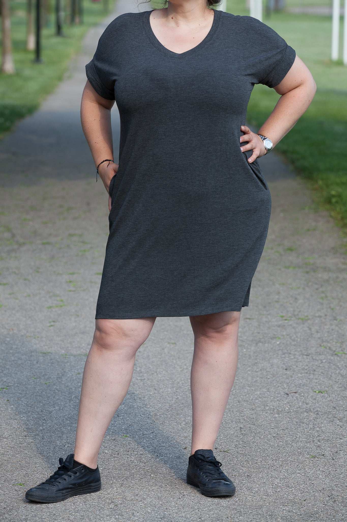 Plus Size Rolled Short Sleeve V Neck Dress with Pockets - Casual Summer Outfit for Women, Perfect for Beach, Vacation & Everyday Wear