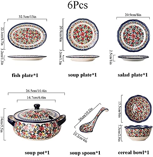 Exotic Red Daisy Ceramic Dinnerware Set - 6 Piece Floral Edge Plates, Bowls & Pot for Family Dining | Elegant Tableware for Parties, Holidays & Everyday Use