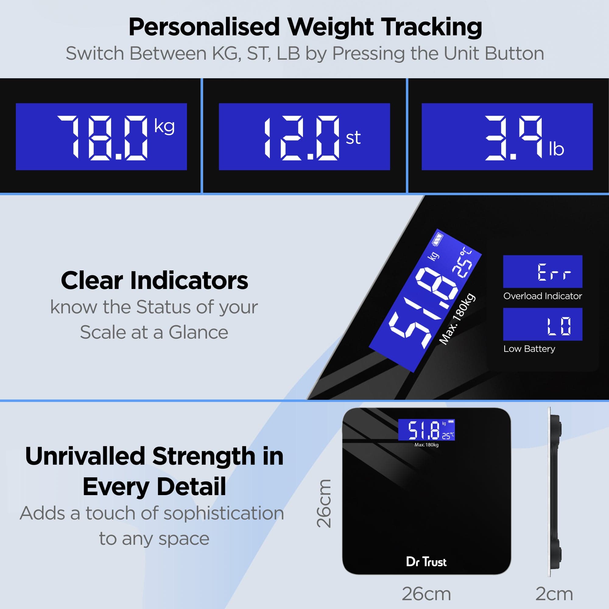 Dr Trust USA Zen Rechargeable Digital Bathroom Scale - 400lb Capacity, Body Weight Scale with Step-On Technology, LCD Display - Perfect for Home, Gym & Health Tracking