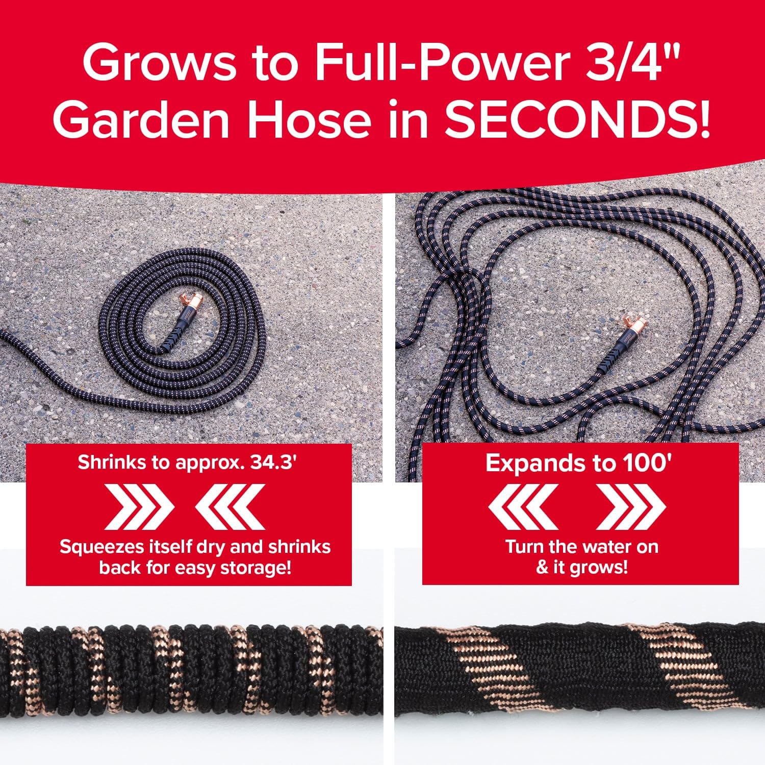 Expandable Garden Hose 100 FT - Copper Bullet Pocket Hose with 10-Pattern Spray Nozzle, Ultra-Lightweight & No-Kink Design, Lead-Free Solid Copper Fittings (AS SEEN ON TV) - Perfect for Watering Plants, Washing Cars, and Outdoor Cleaning