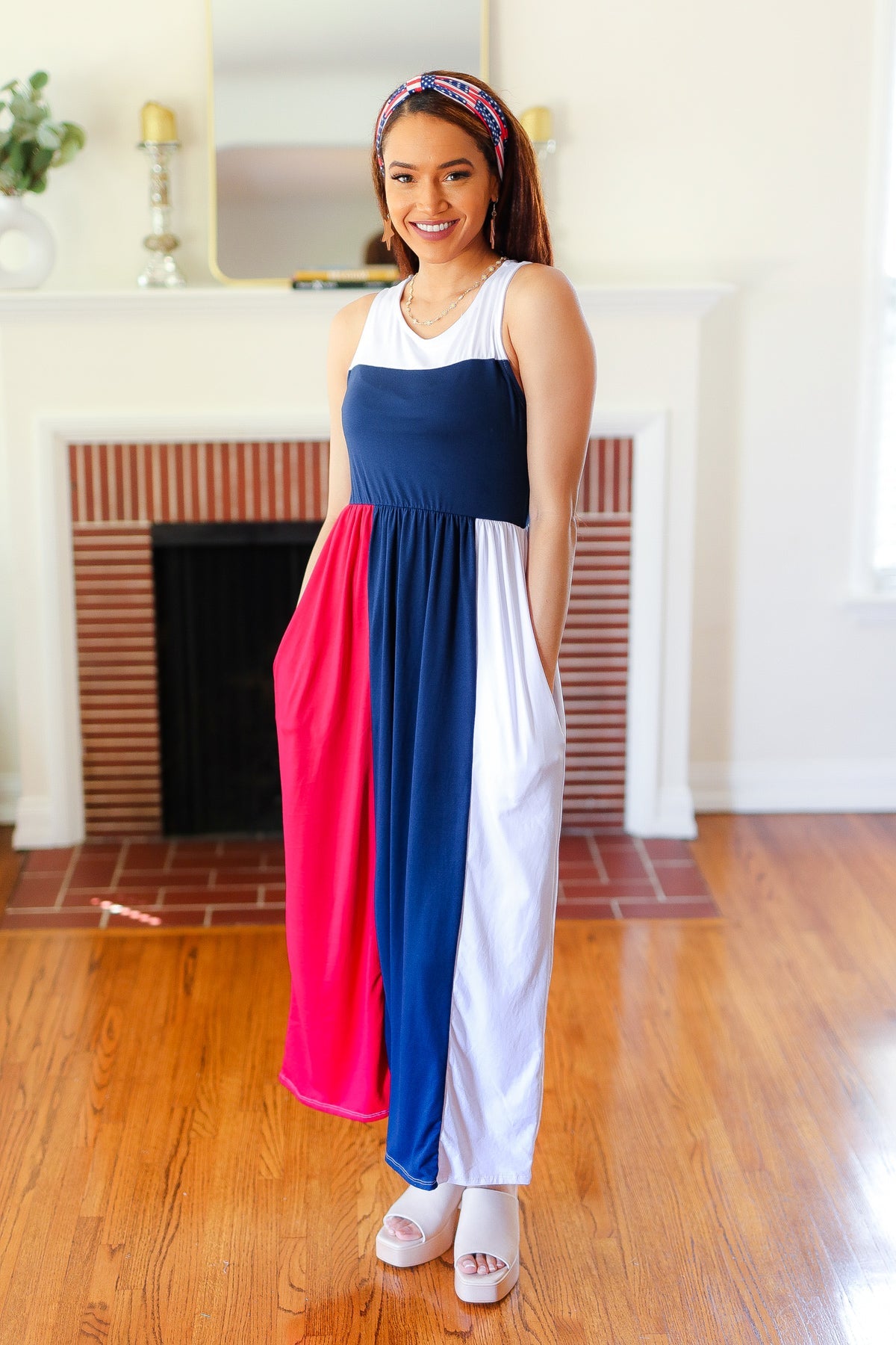 American Flag Color Block Fit & Flare Maxi Dress for Women - Perfect for 4th of July, Memorial Day & Patriotic Events