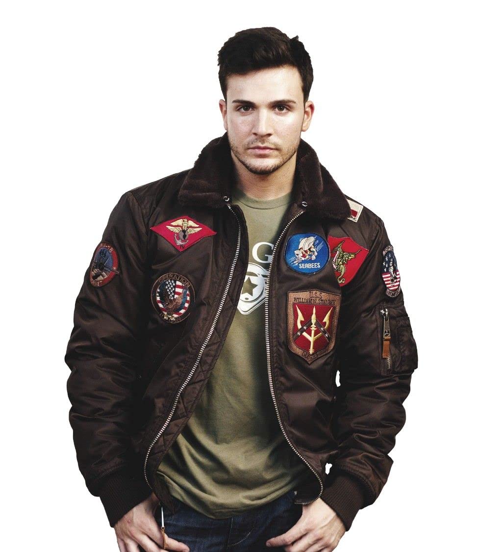 Top Gun Official B-15 Men’s Flight Bomber Jacket with Patches - Genuine Leather Aviator Jacket for Men, Military Style Winter Coat - Perfect for Halloween Costumes, Cosplay & Outdoor Adventures