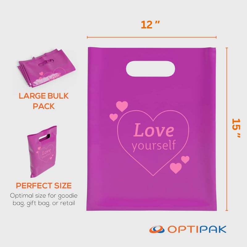 12x15 Plastic Bags with Handles - Durable Retail Shopping Bags for Small Business & Boutique Stores - Perfect for Vendor Events, Tradeshow Supplies & Gift Packaging - Love Yourself Collection