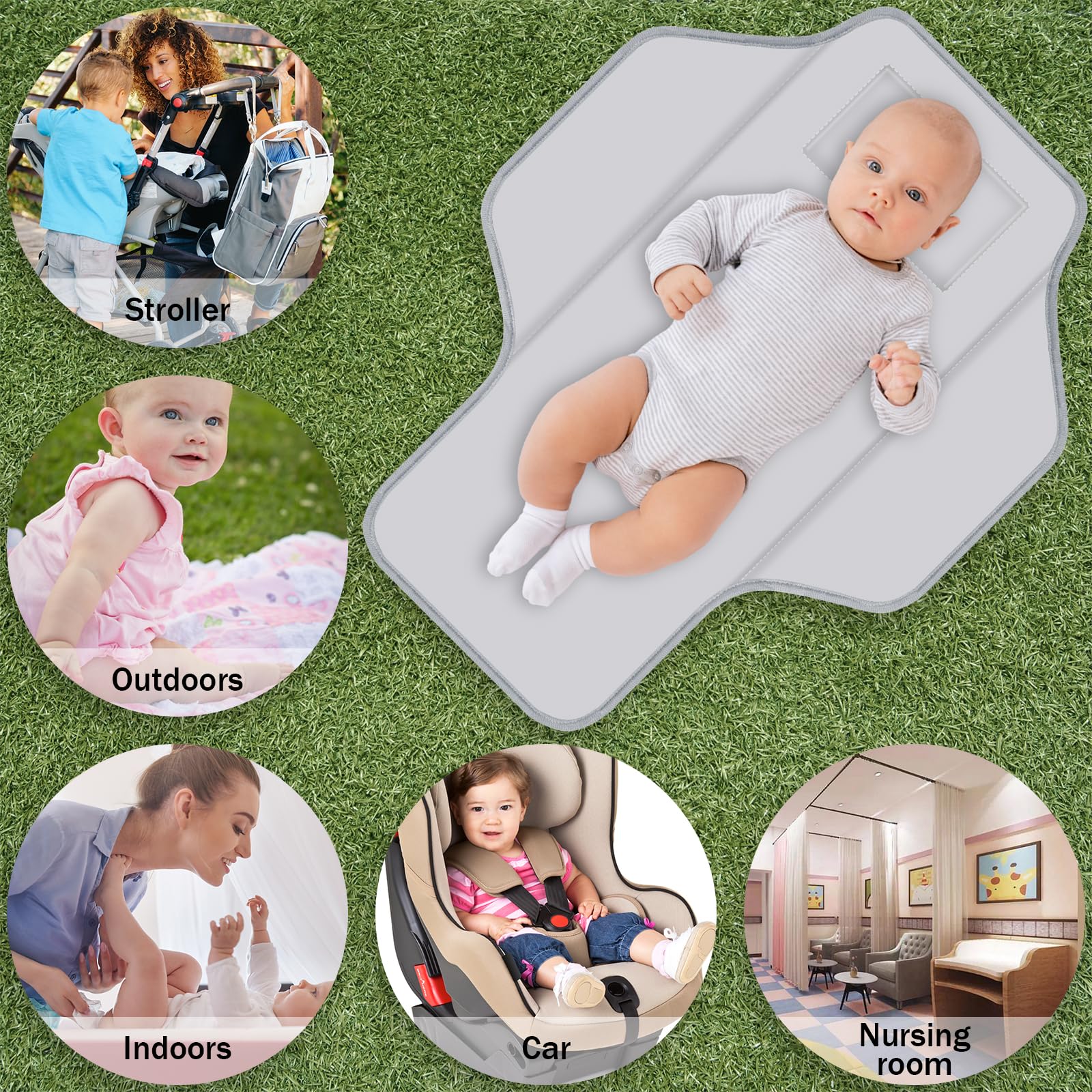 Foldable Waterproof Baby Diaper Changing Pad with Built-in Pillow - Portable Travel Changing Mat for Newborns & Infants | Compact Diaper Station for Nursery, Car & On-the-Go | Perfect Baby Shower Gift (Gray Stripe)