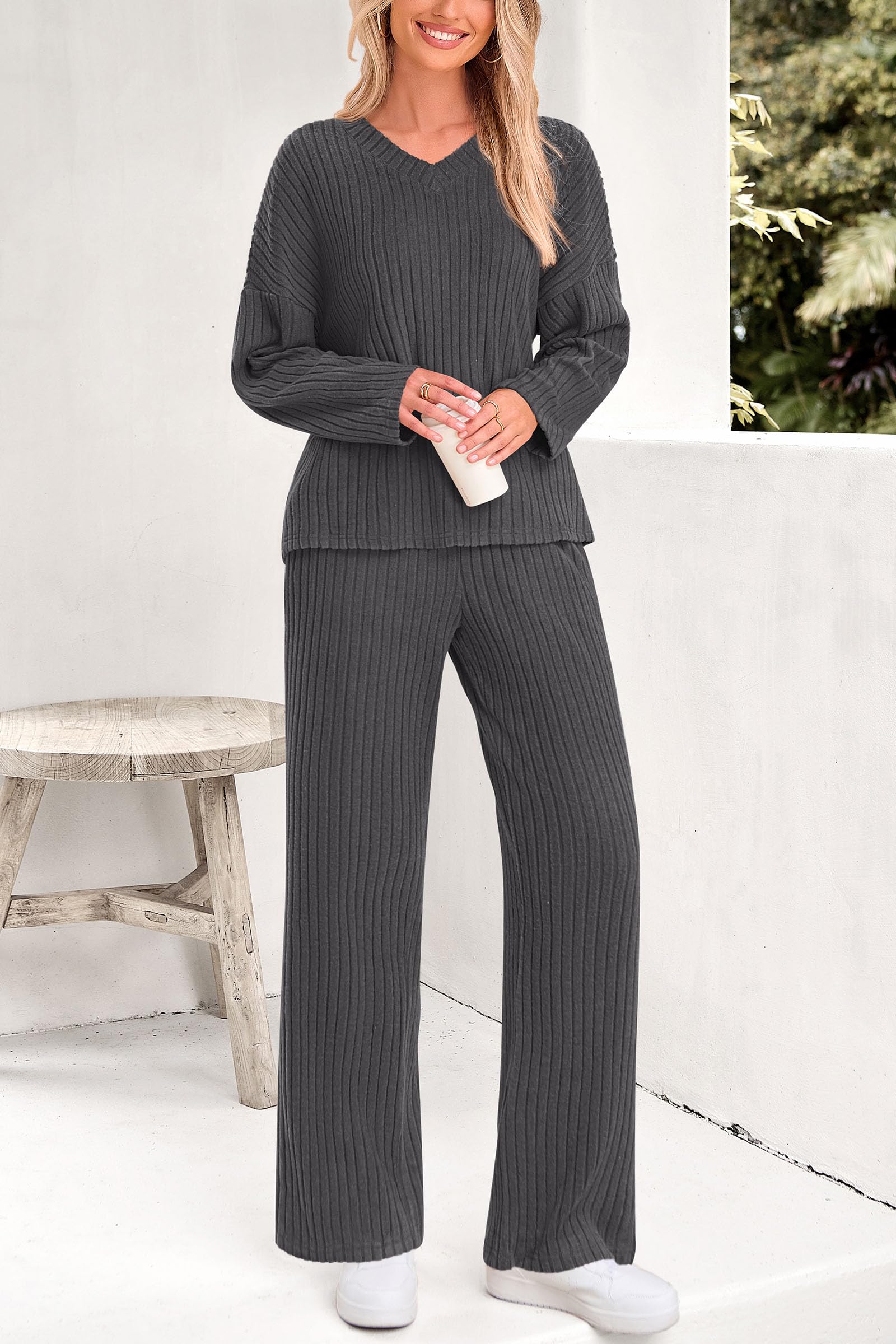 PRETTYGARDEN Women's 2 Piece Lounge Set - Soft Ribbed Knit Long Sleeve V-Neck Top & Wide Leg Pants Comfy Outfit for Spring Fall | Cozy Home Wear, Casual Street Style, Relaxing Weekend Outfits
