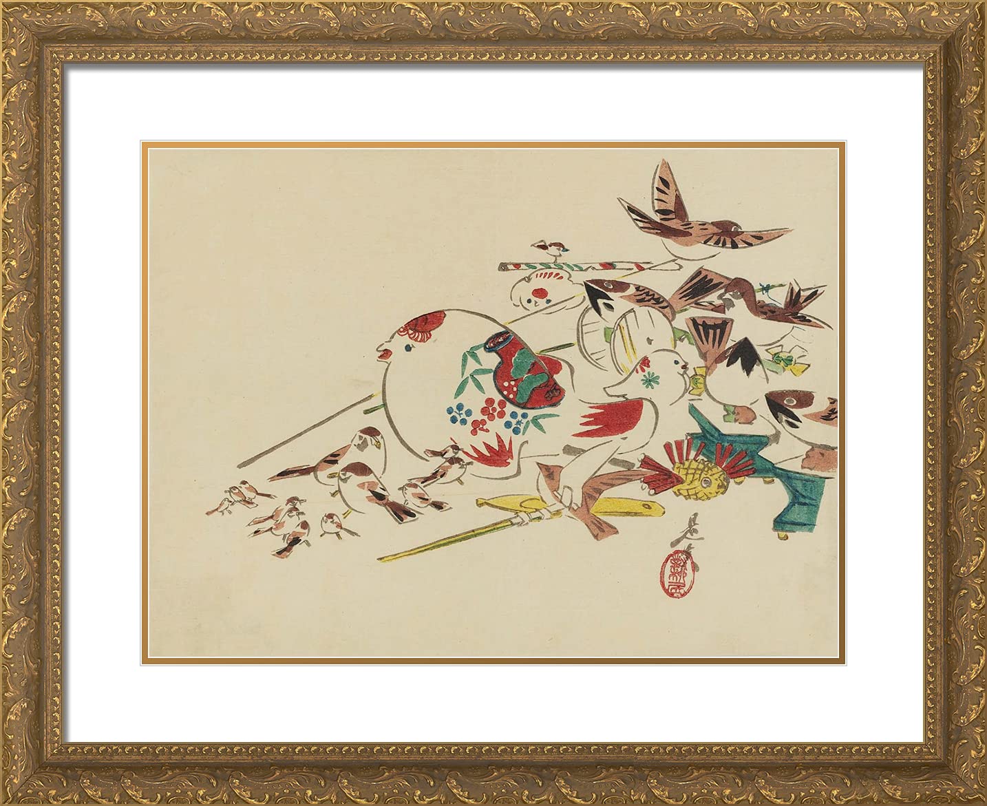 ArtDirect Zeshin Shibata 24x20 Inch Gold Ornate Framed Wall Art Print with Double Mat - 'Bird Toys' Japanese Home Decor for Living Room & Office